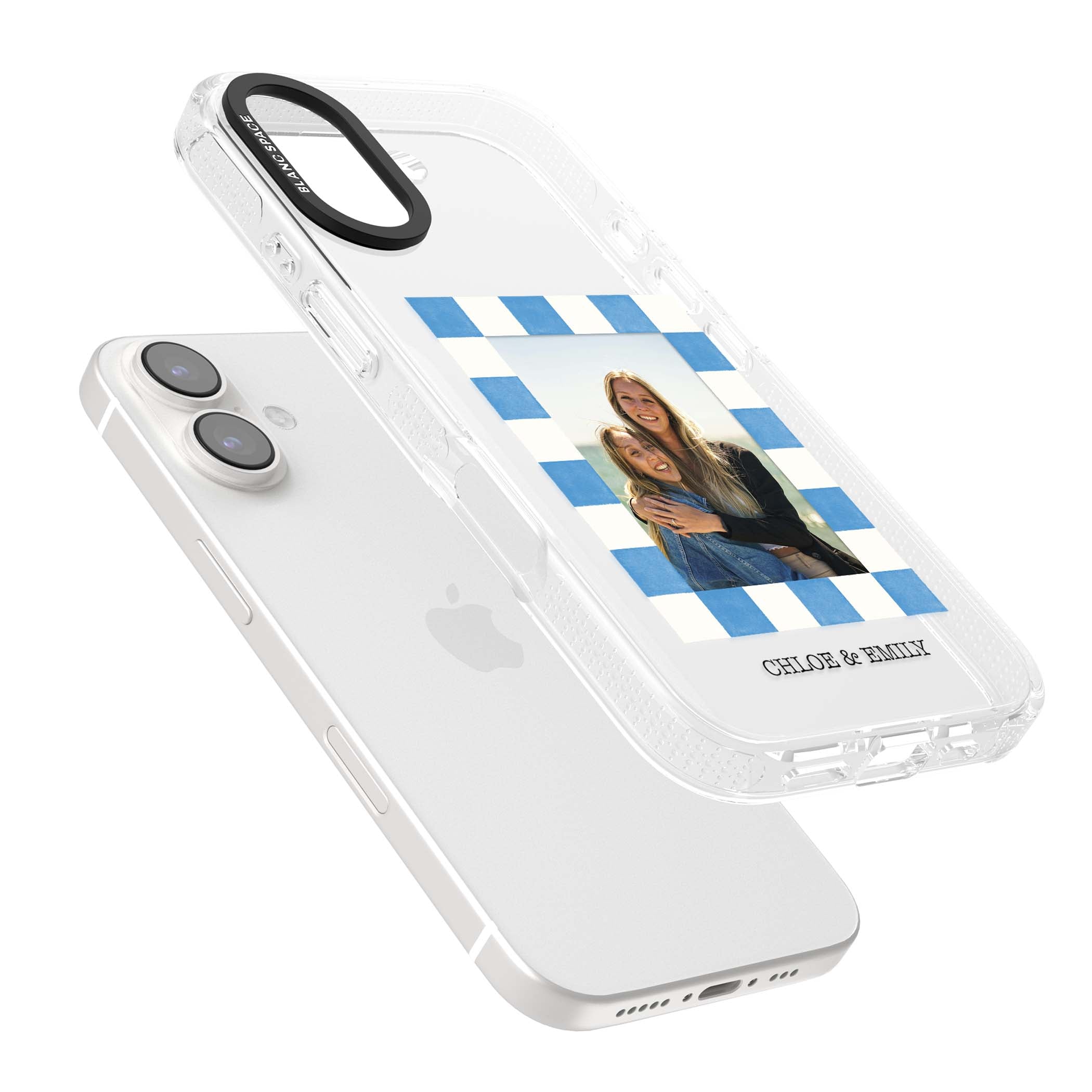 Blue Check Photo personalised photo iPhone case with blue checkered frame and custom couple names | Clear Case Impact Air case for iPhone 16, iPhone 16 Plus