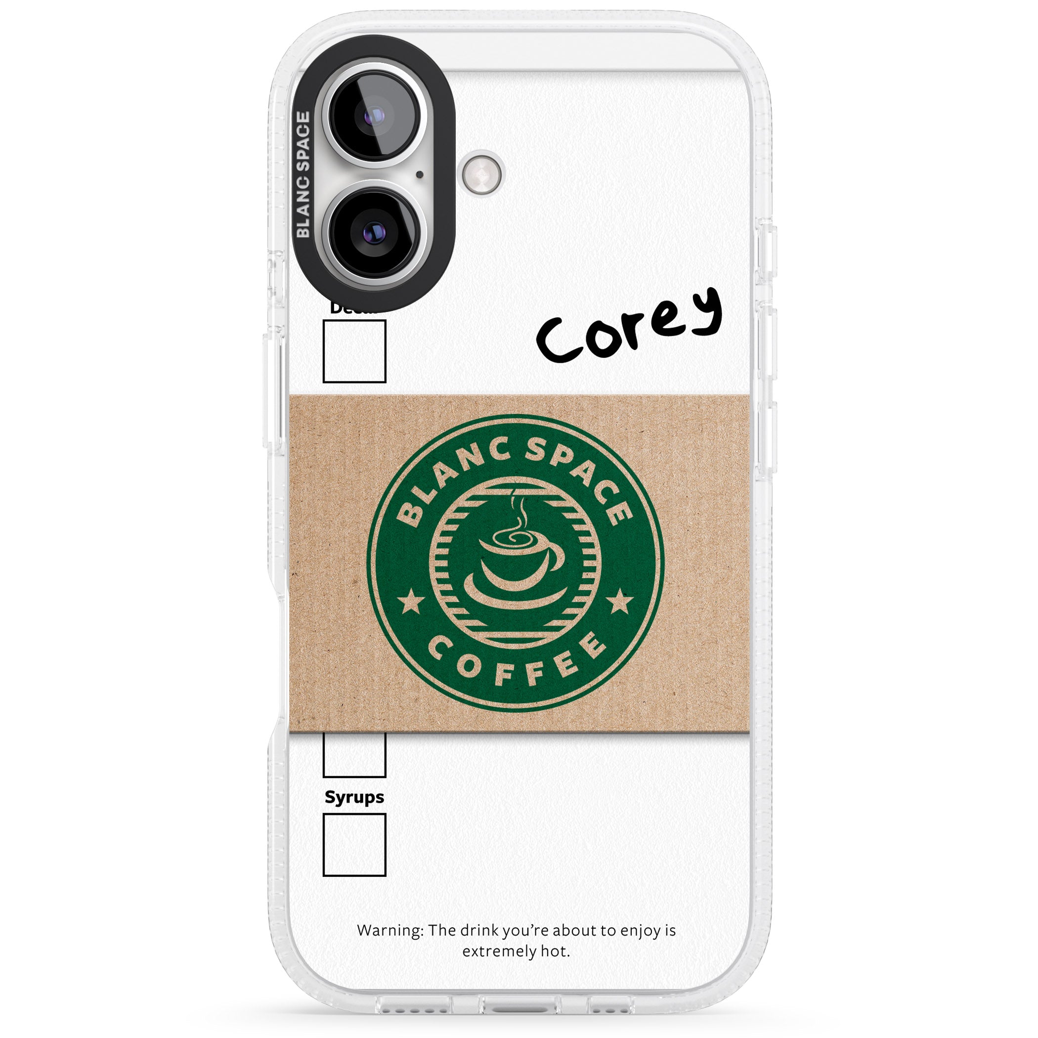 Personalised Coffee Cup iPhone 16 / 16 Plus Clear Case Impact Air - Blanc Space