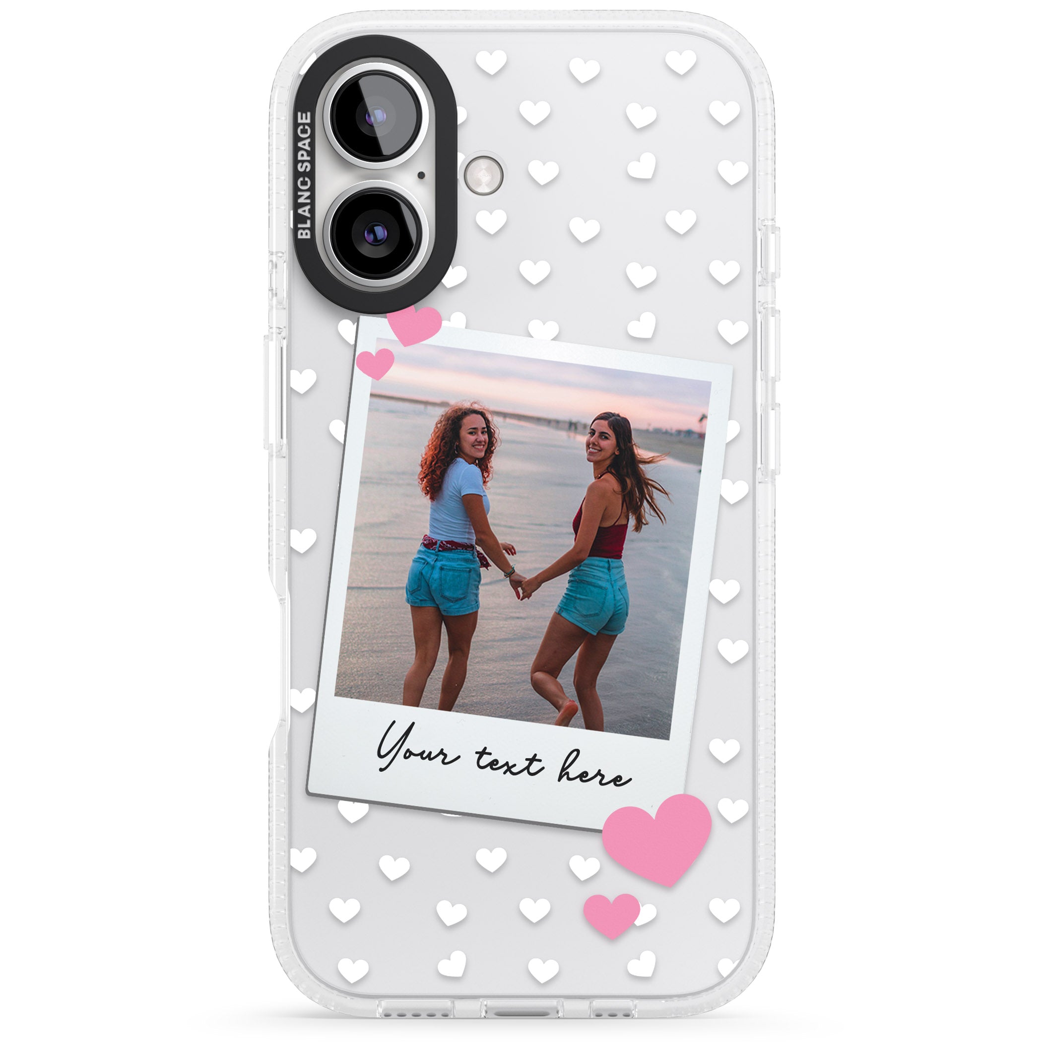 Personalised Instant Film & Hearts Photo iPhone 16 / 16 Plus Clear Case Impact Air - Blanc Space