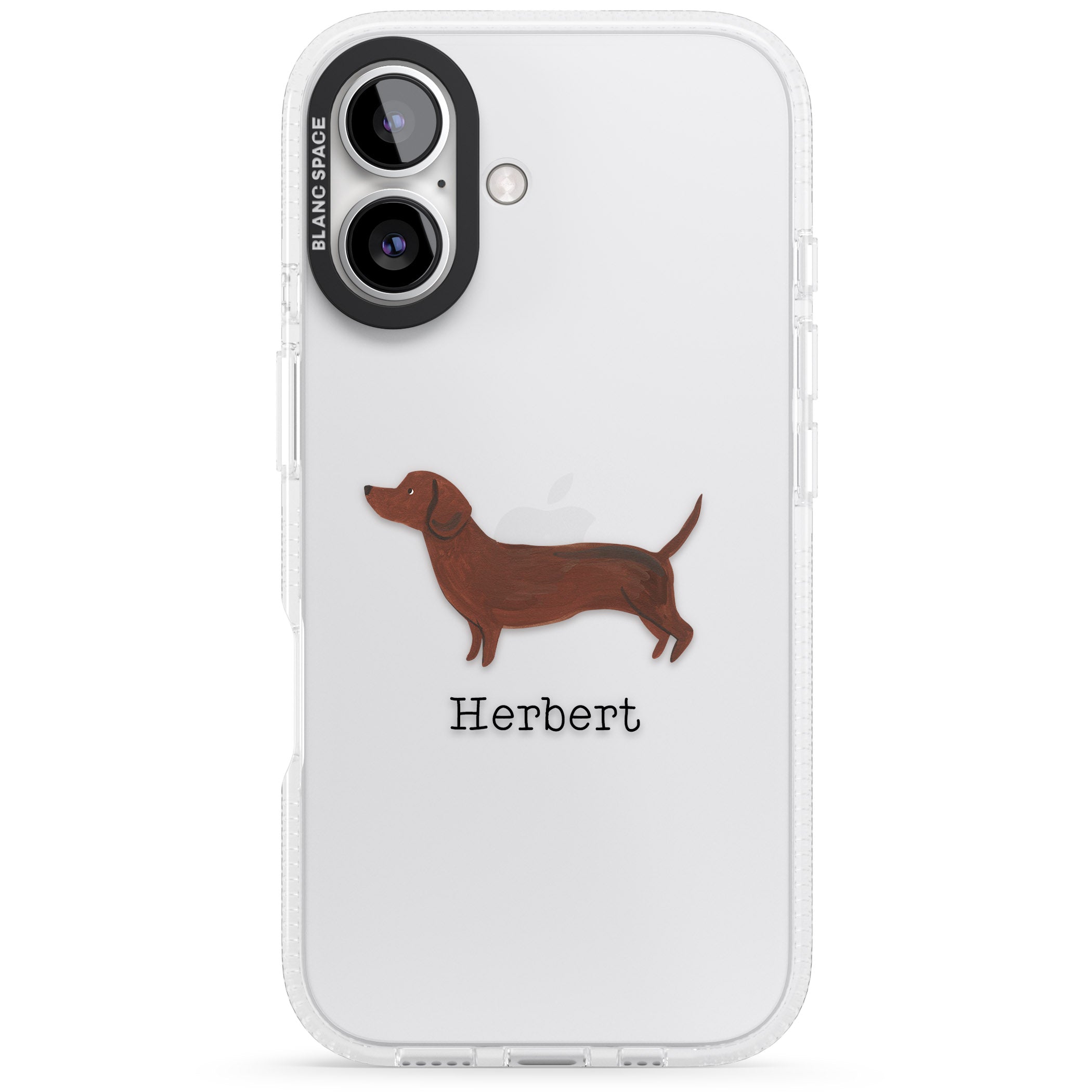 Personalised Hand Painted Sausage Dog iPhone 16 / 16 Plus Clear Case Impact Air - Blanc Space