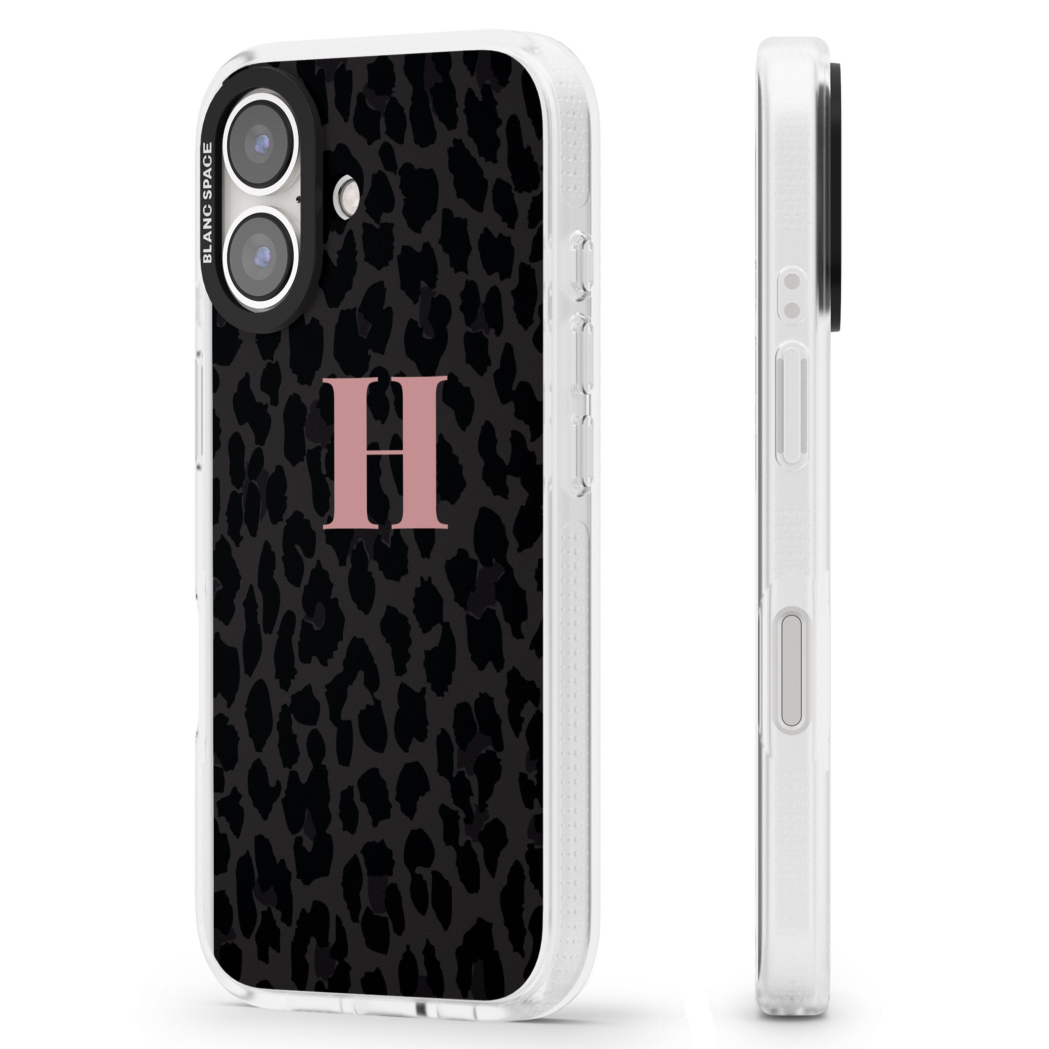 Personalised Small Pink Leopard Monogram iPhone 16 / 16 Plus Clear Case Impact Air - Blanc Space
