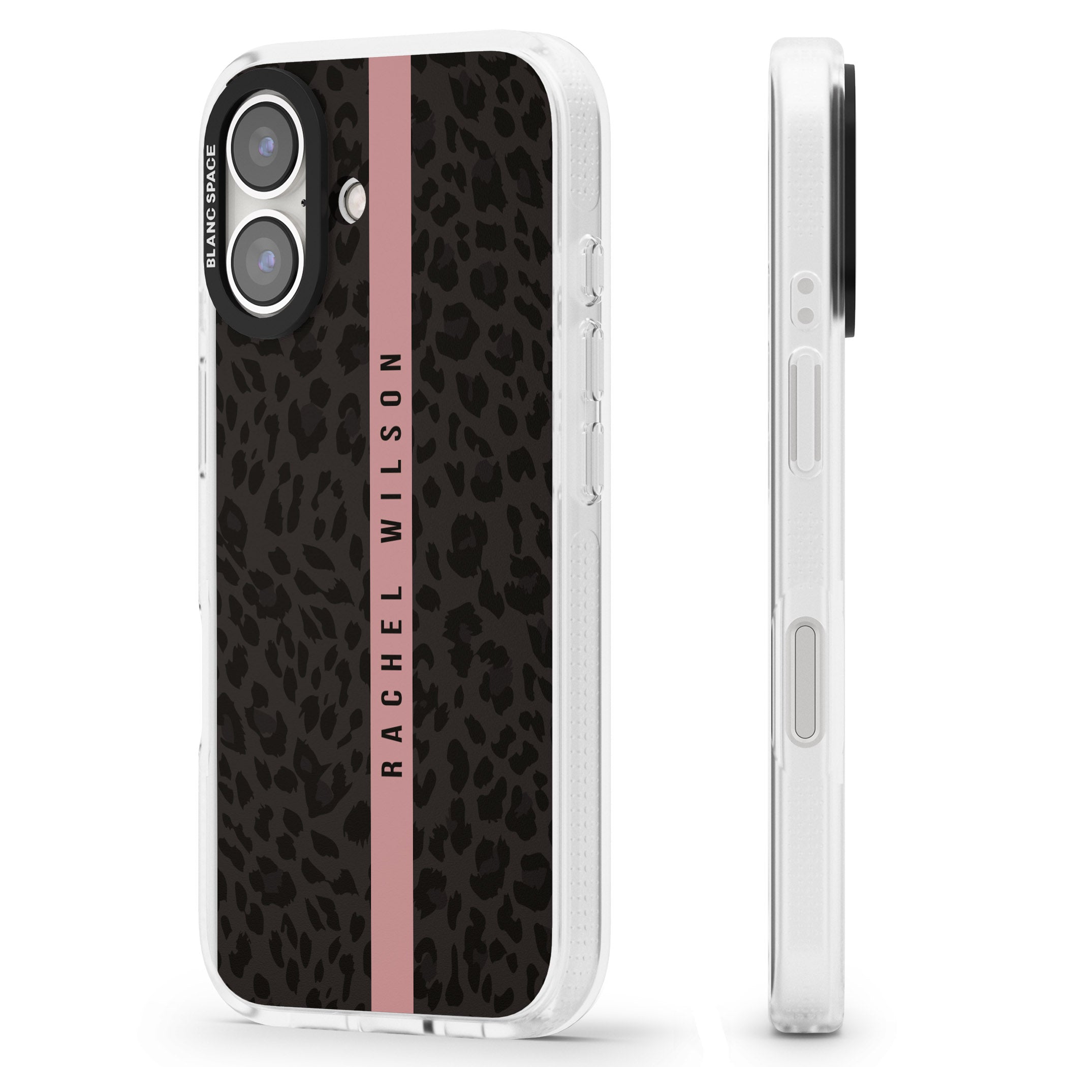 Personalised Pink Stripe Leopard Pattern iPhone 16 / 16 Plus Clear Case Impact Air - Blanc Space