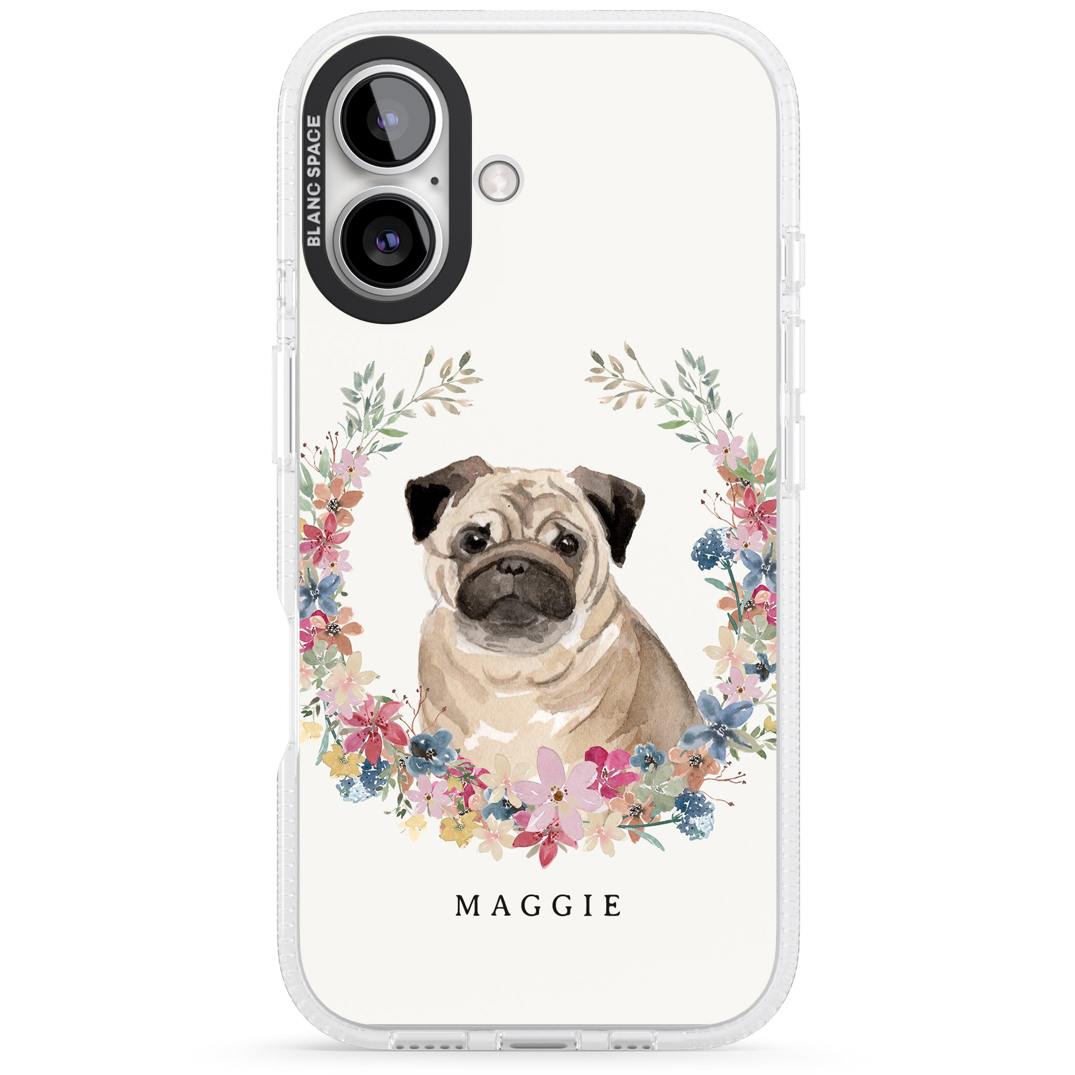 Personalised Pug - Watercolour Dog Portrait iPhone 16 / 16 Plus Clear Case Impact Air - Blanc Space