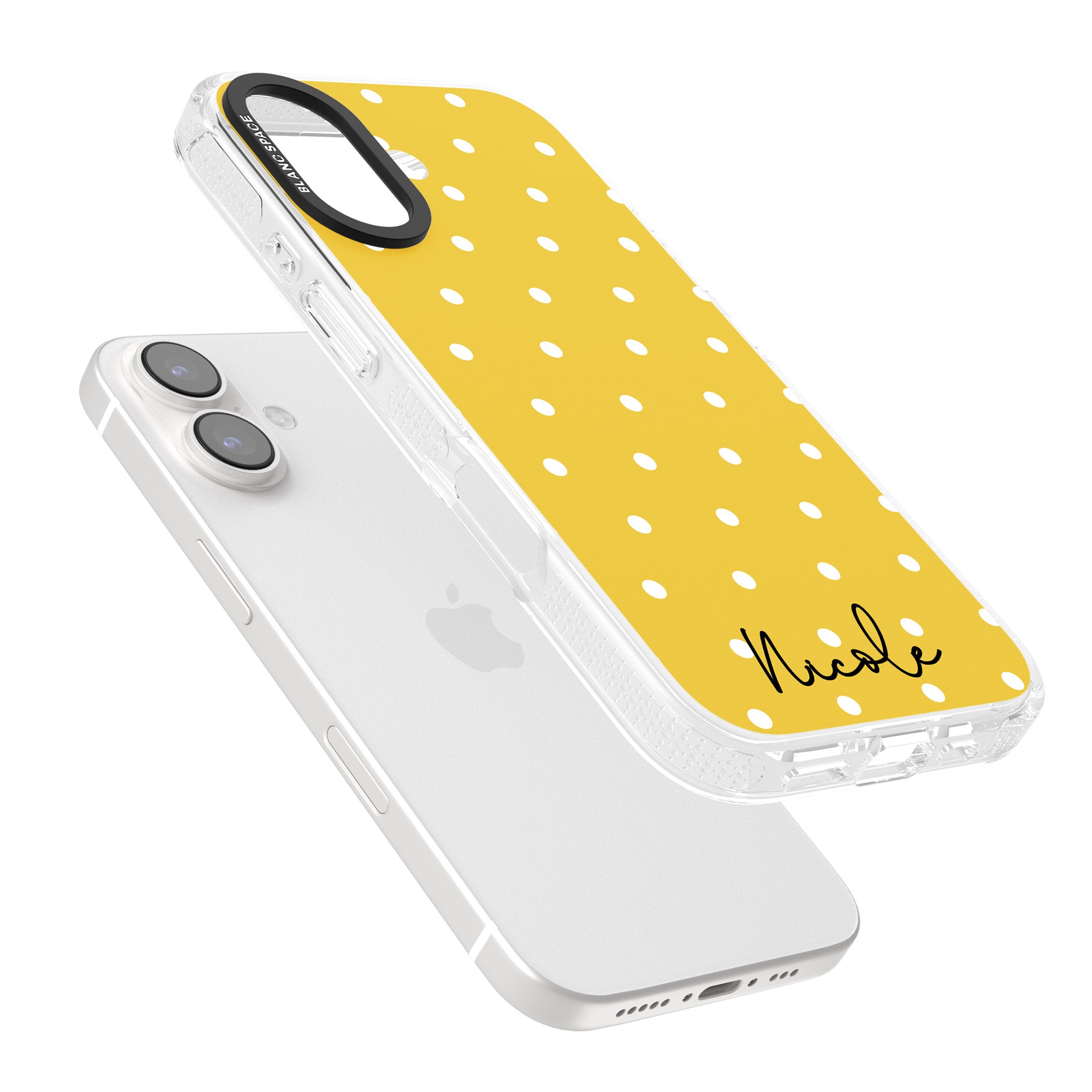 Personalised Yellow Polka Dot iPhone 16 / 16 Plus Clear Case Impact Air - Blanc Space