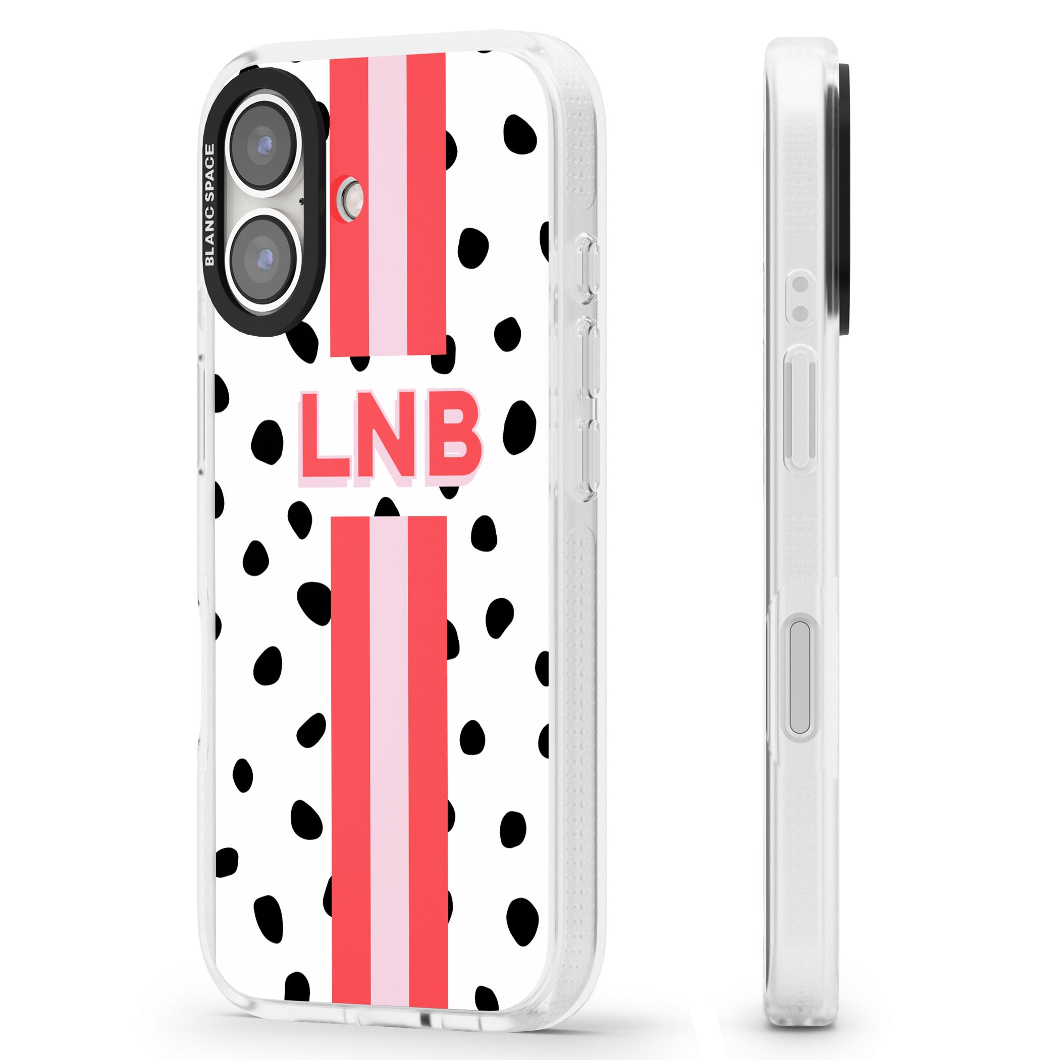 Personalised Polka & Pink Stripe iPhone 16 / 16 Plus Clear Case Impact Air - Blanc Space