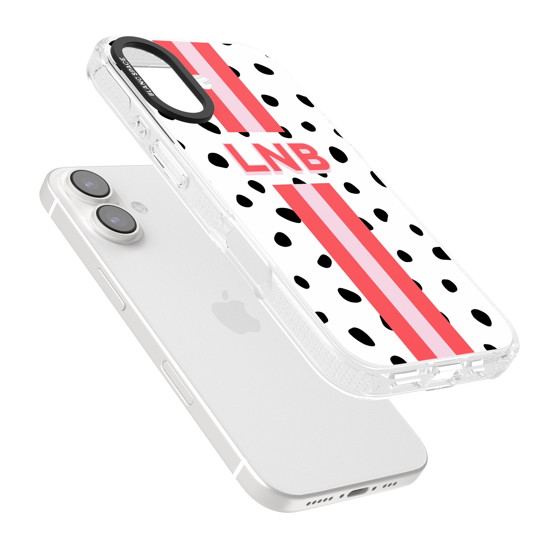 Personalised Polka & Pink Stripe iPhone 16 / 16 Plus Clear Case Impact Air - Blanc Space
