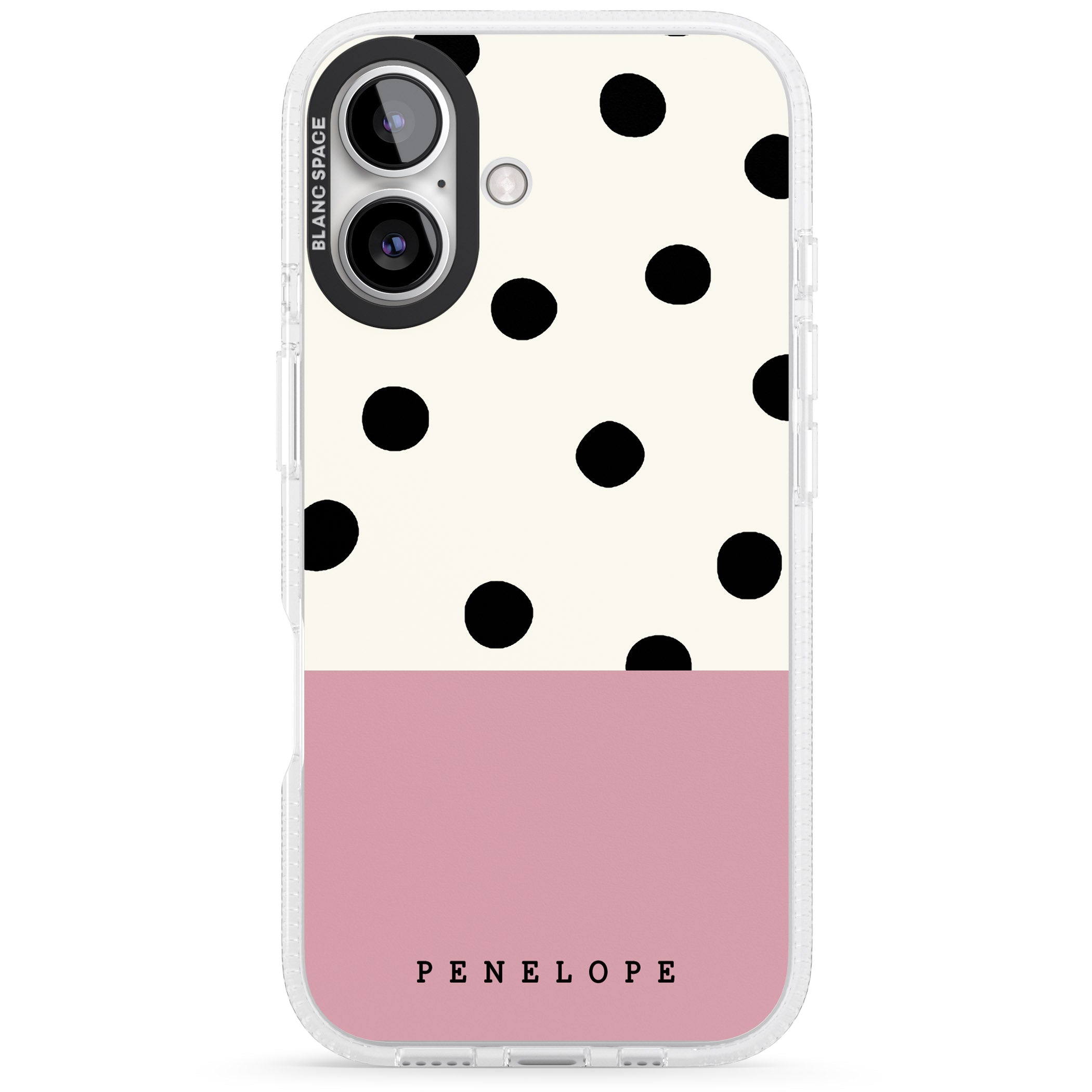 Personalised Pink Border Polka Dot iPhone 16 / 16 Plus Clear Case Impact Air - Blanc Space