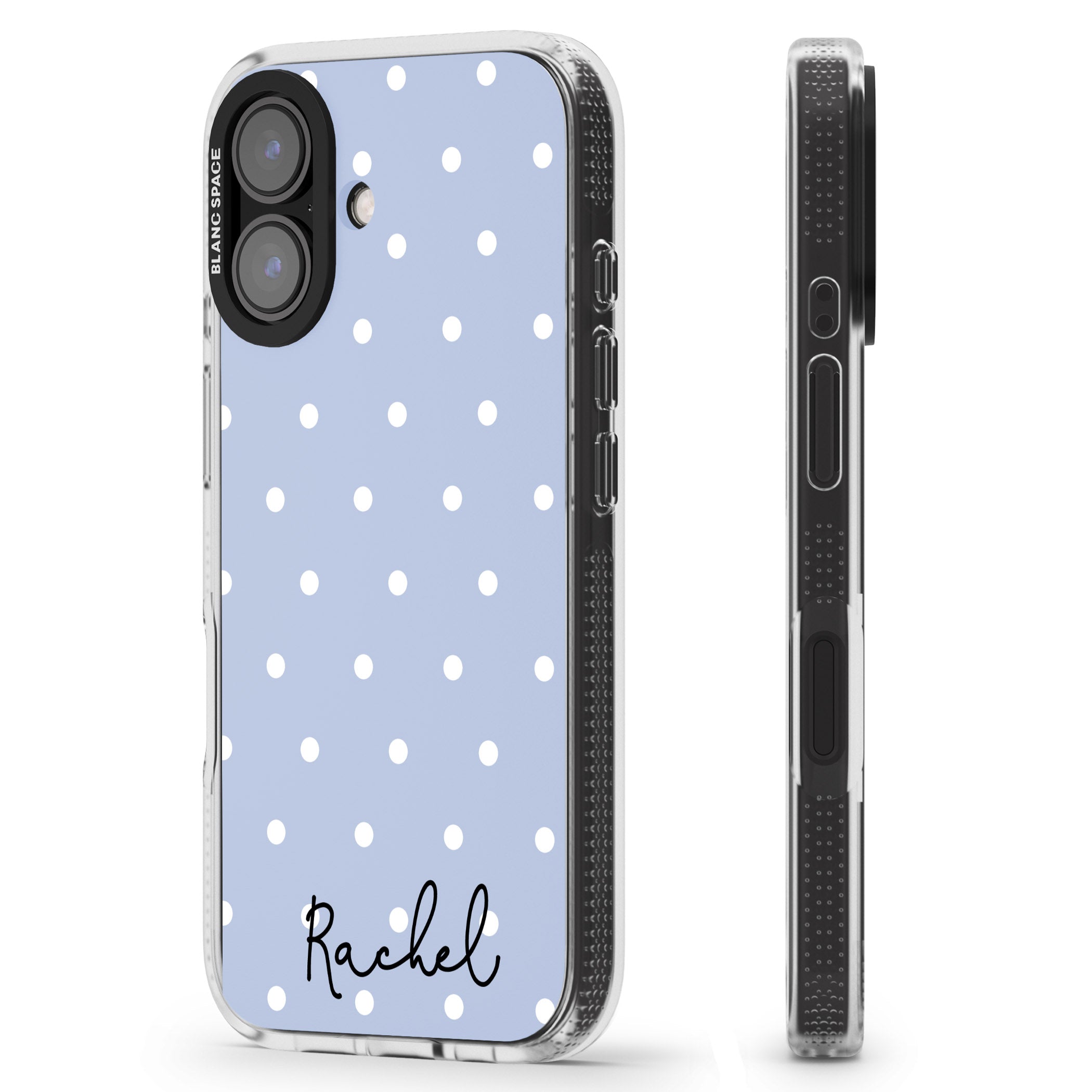 Personalised Simple Light Blue Dots iPhone 16 / 16 Plus Clear Case Impact Air - Blanc Space