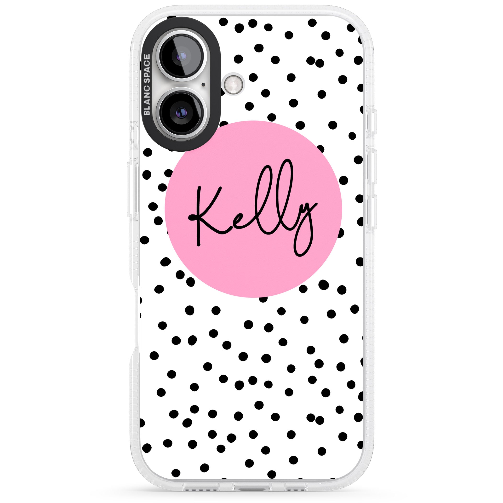 Personalised Pink Circle & Dots iPhone 16 / 16 Plus Clear Case Impact Air - Blanc Space