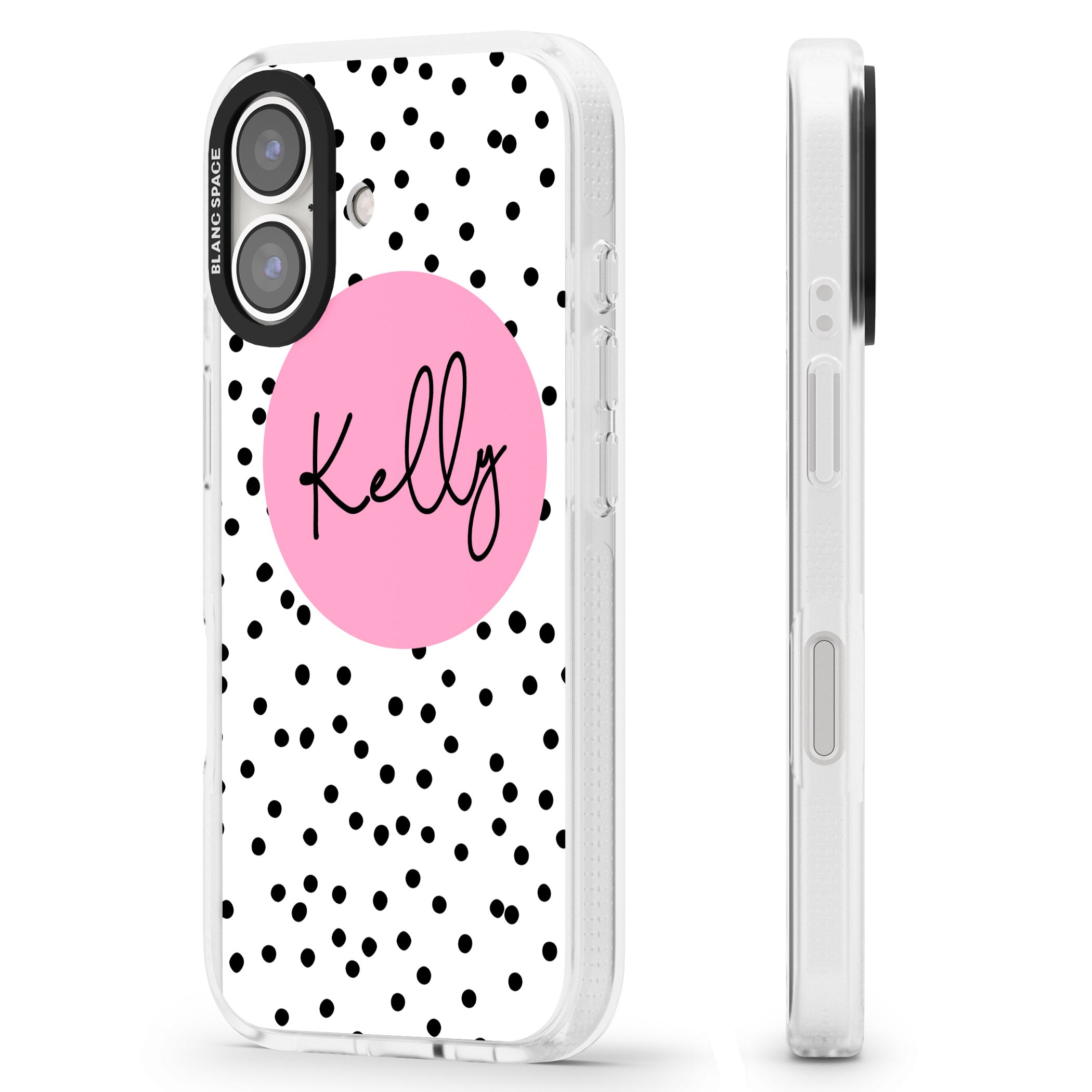 Personalised Pink Circle & Dots iPhone 16 / 16 Plus Clear Case Impact Air - Blanc Space