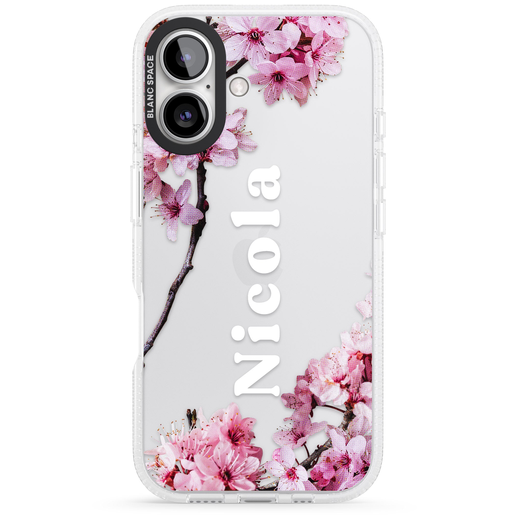 Personalised Cherry Blossoms with Text iPhone 16 / 16 Plus Clear Case Impact Air - Blanc Space
