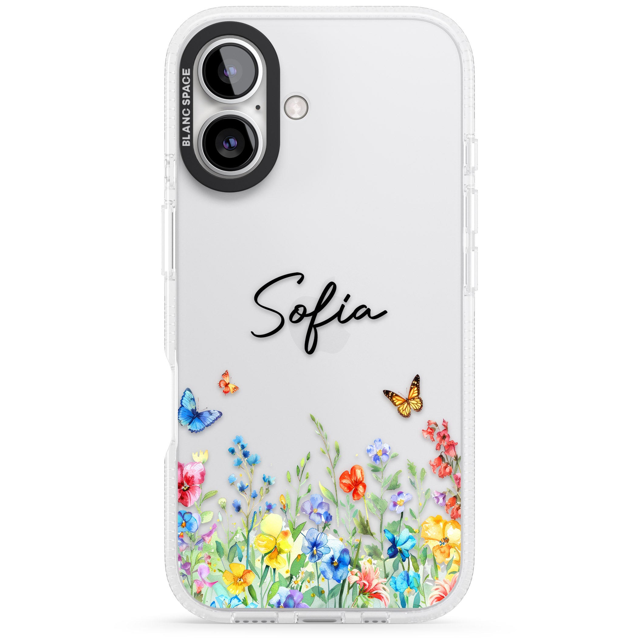 Personalised Butterflies & Wildflowers iPhone 16 / 16 Plus Clear Case Impact Air - Blanc Space