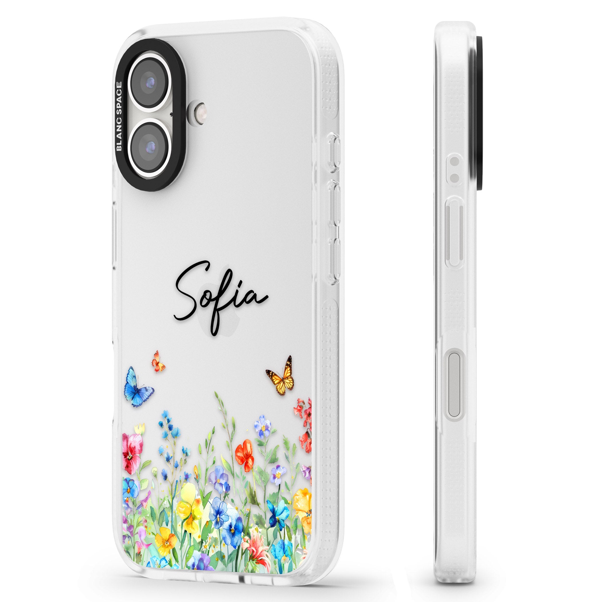 Personalised Butterflies & Wildflowers iPhone 16 / 16 Plus Clear Case Impact Air - Blanc Space