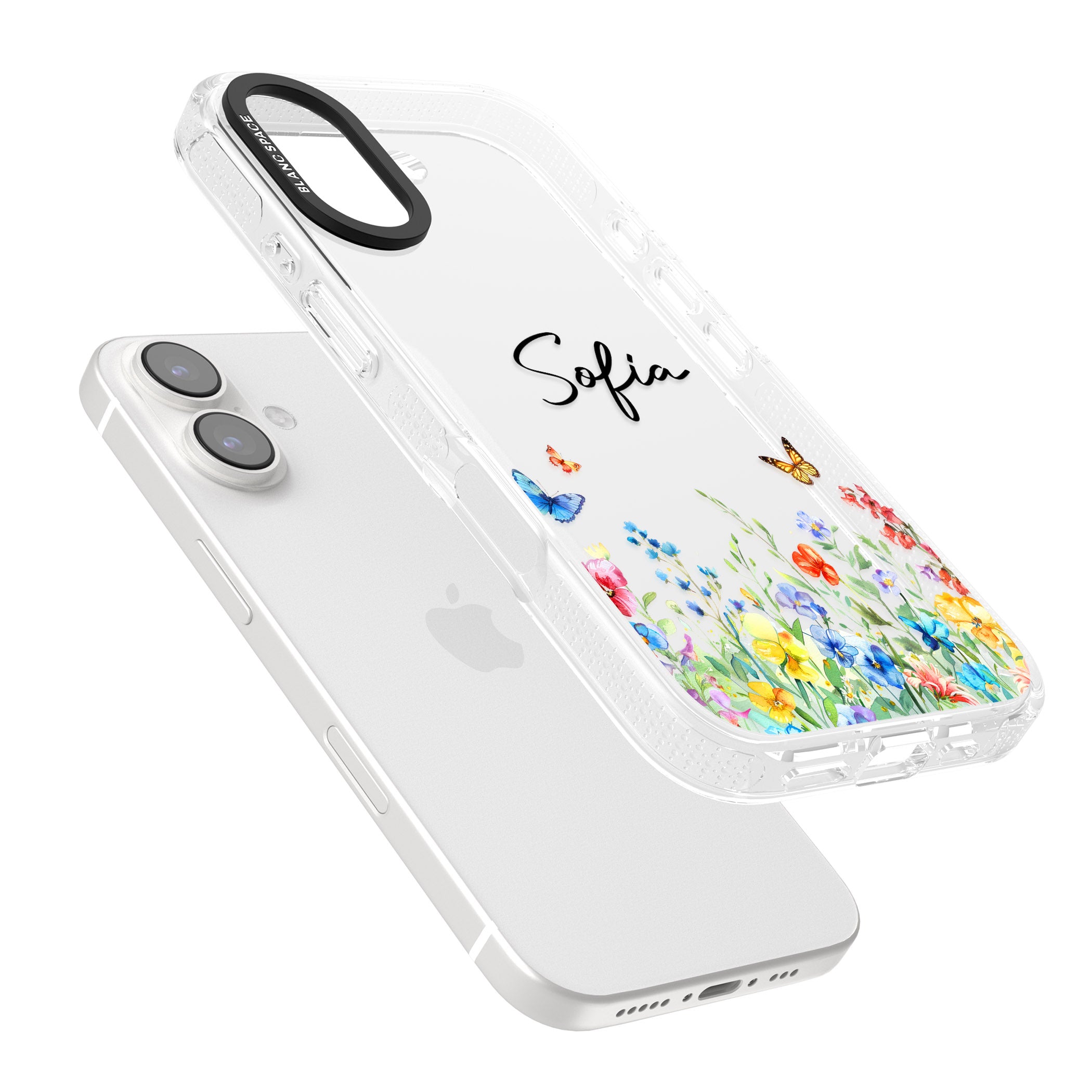 Personalised Butterflies & Wildflowers iPhone 16 / 16 Plus Clear Case Impact Air - Blanc Space