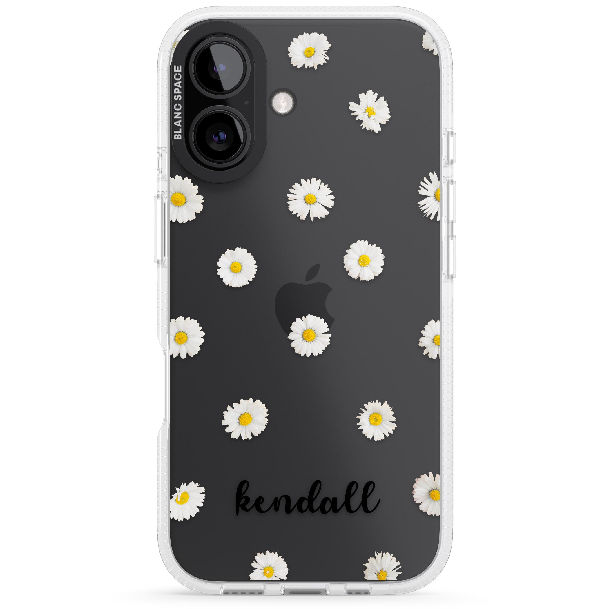 Personalised White Daisies & Cursive iPhone 16 / 16 Plus Clear Case Impact Air - Blanc Space