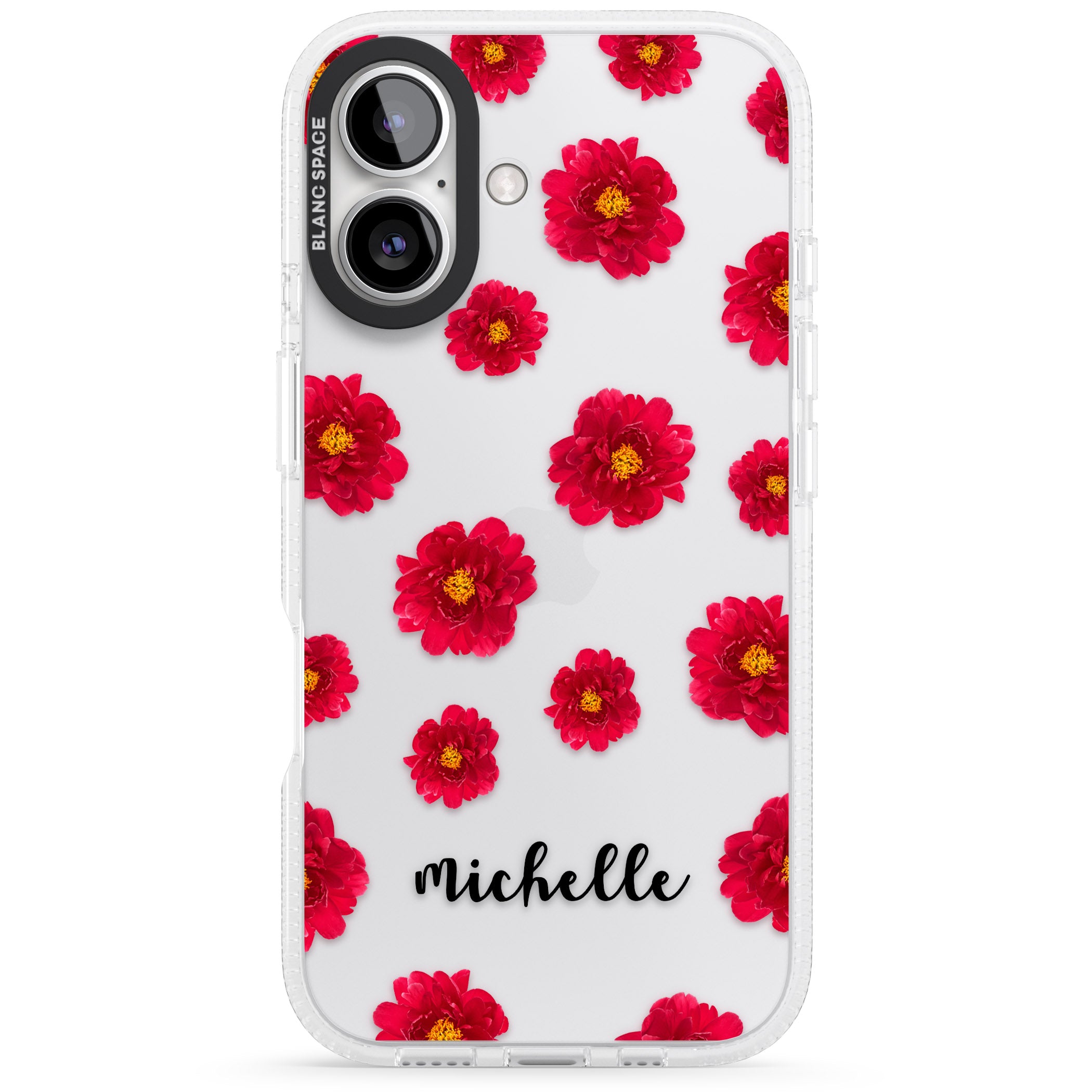Personalised Red Peonies & Cursive iPhone 16 / 16 Plus Clear Case Impact Air - Blanc Space