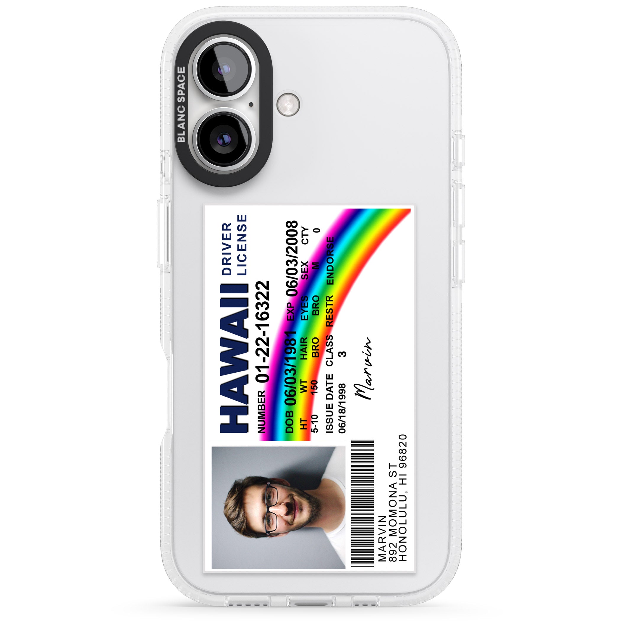 Personalised Hawaii Driving License iPhone 16 / 16 Plus Clear Case Impact Air - Blanc Space