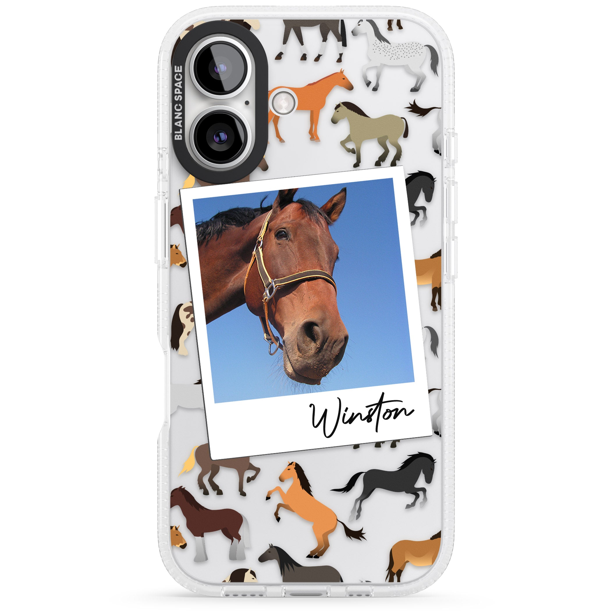 Personalised Horse Polaroid iPhone 16 / 16 Plus Clear Case Impact Air - Blanc Space