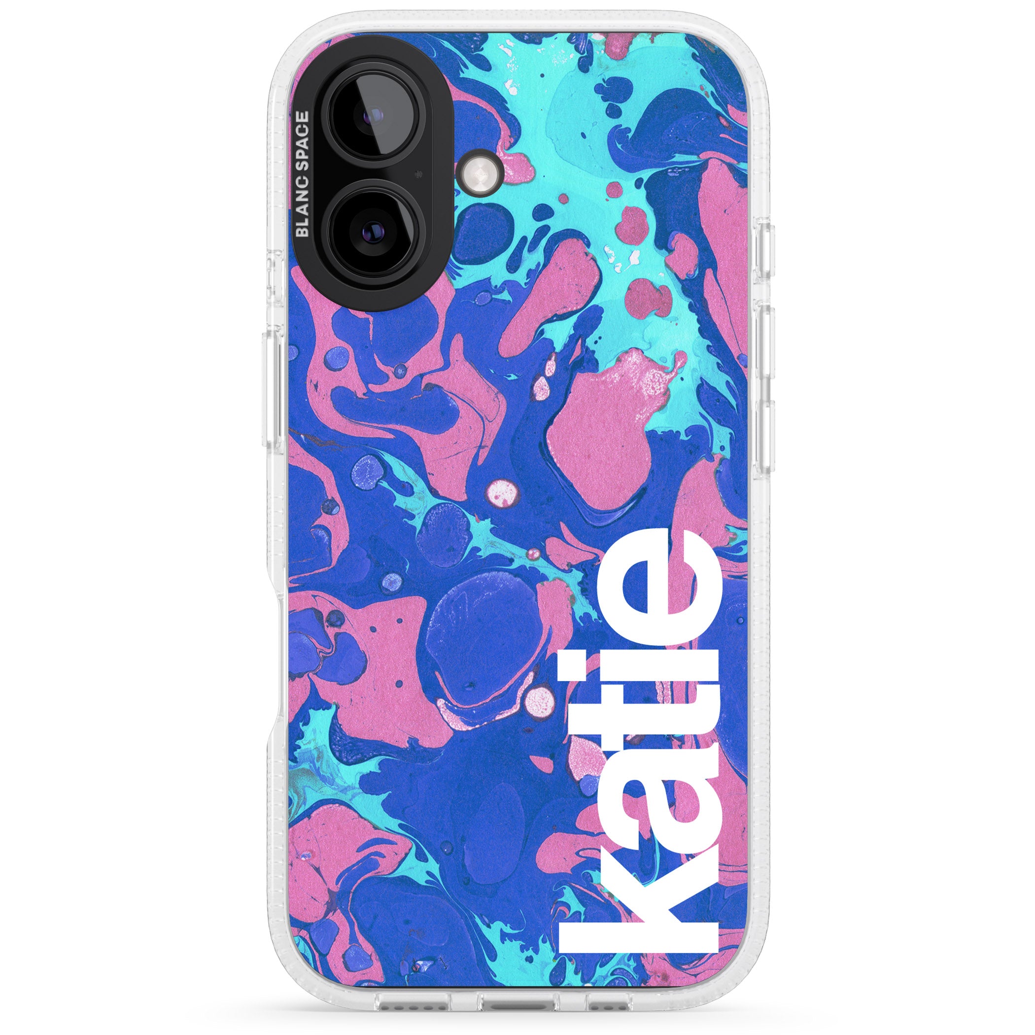 Personalised Navy, Turquoise + Purple - Marbled iPhone 16 / 16 Plus Clear Case Impact Air - Blanc Space