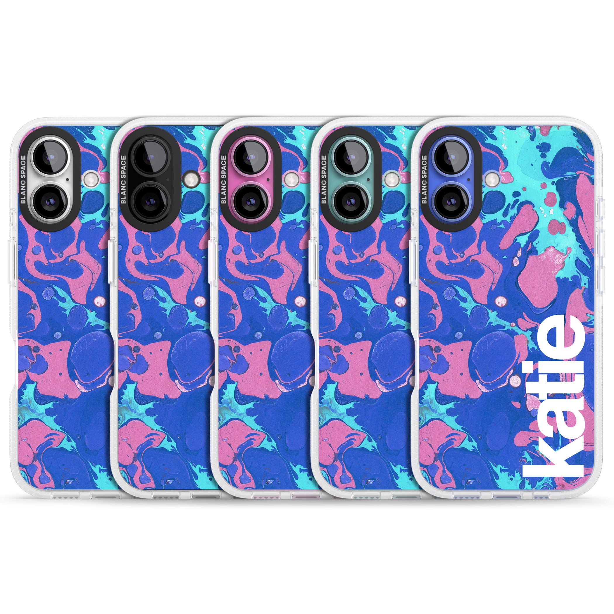 Personalised Navy, Turquoise + Purple - Marbled iPhone 16 / 16 Plus Clear Case Impact Air - Blanc Space