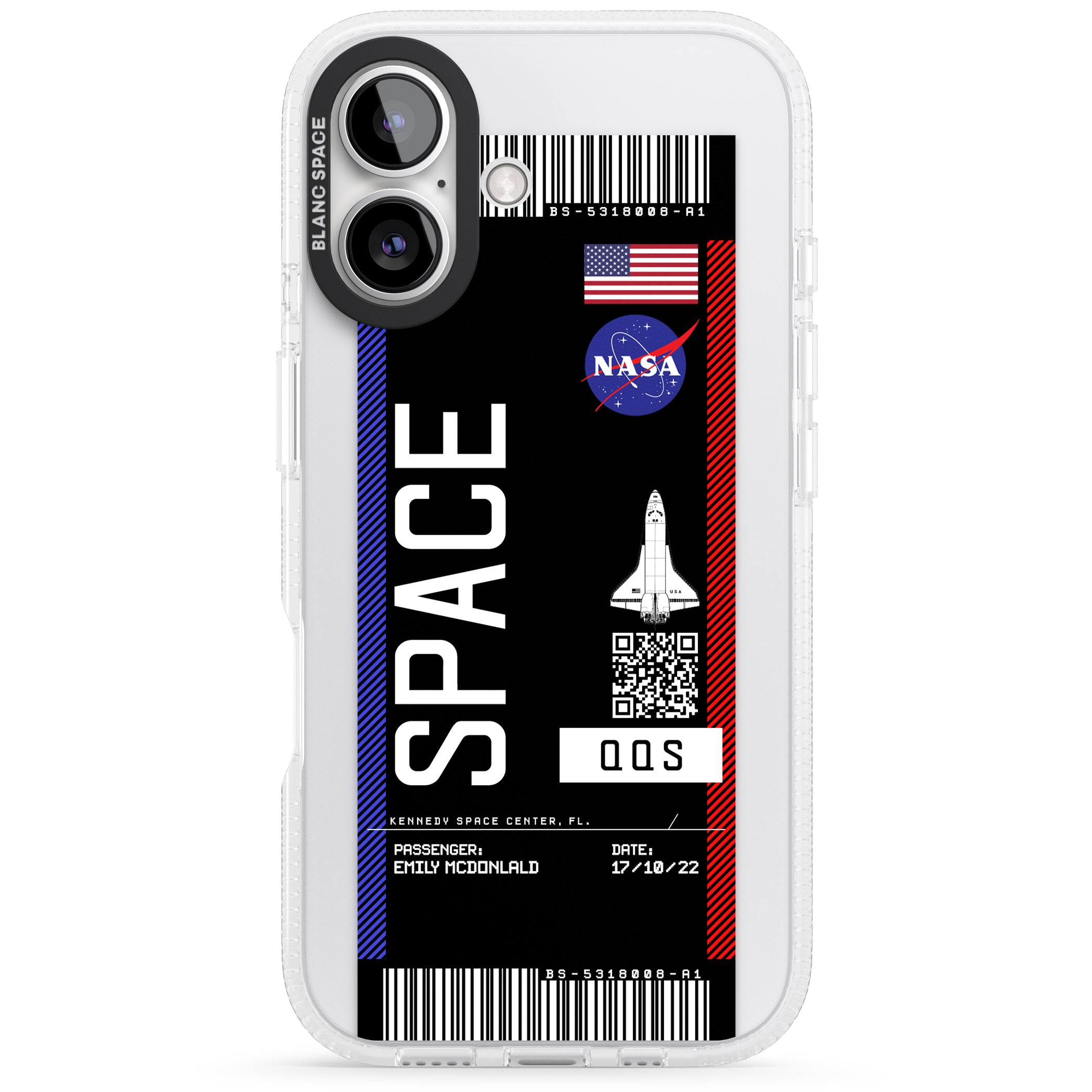 Personalised NASA Boarding Pass (Dark) iPhone 16 / 16 Plus Clear Case Impact Air - Blanc Space