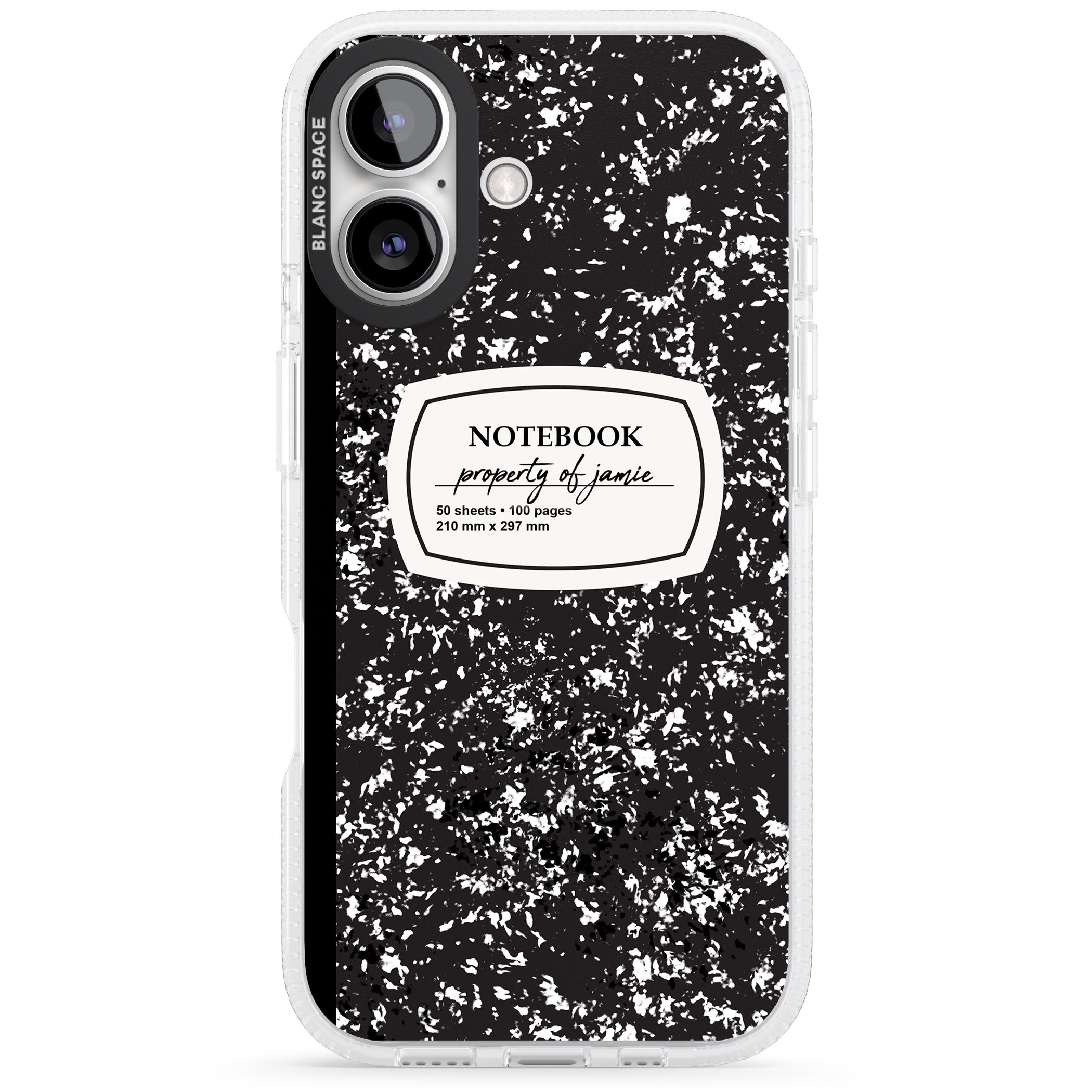 Personalised Notebook Cover iPhone 16 / 16 Plus Clear Case Impact Air - Blanc Space