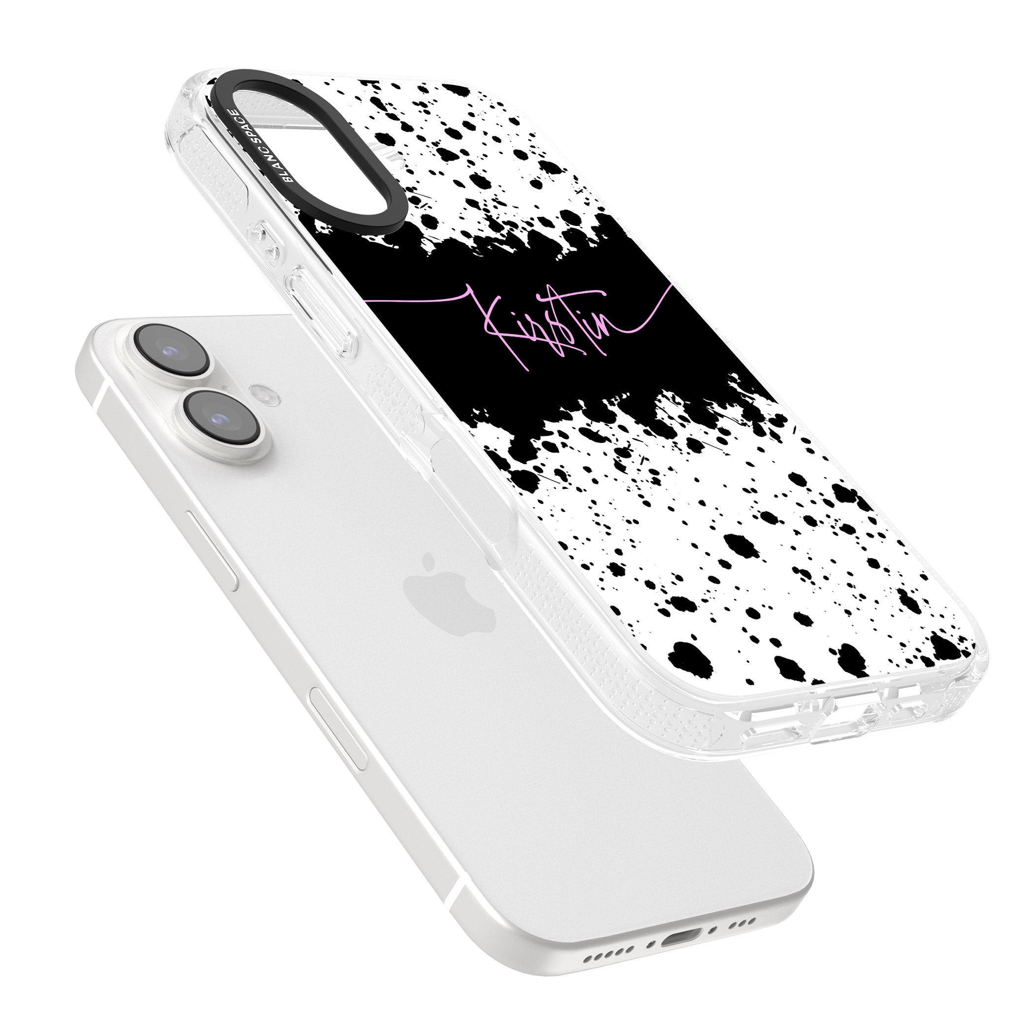 Personalised Black & White Paint Splatters iPhone 16 / 16 Plus Clear Case Impact Air - Blanc Space