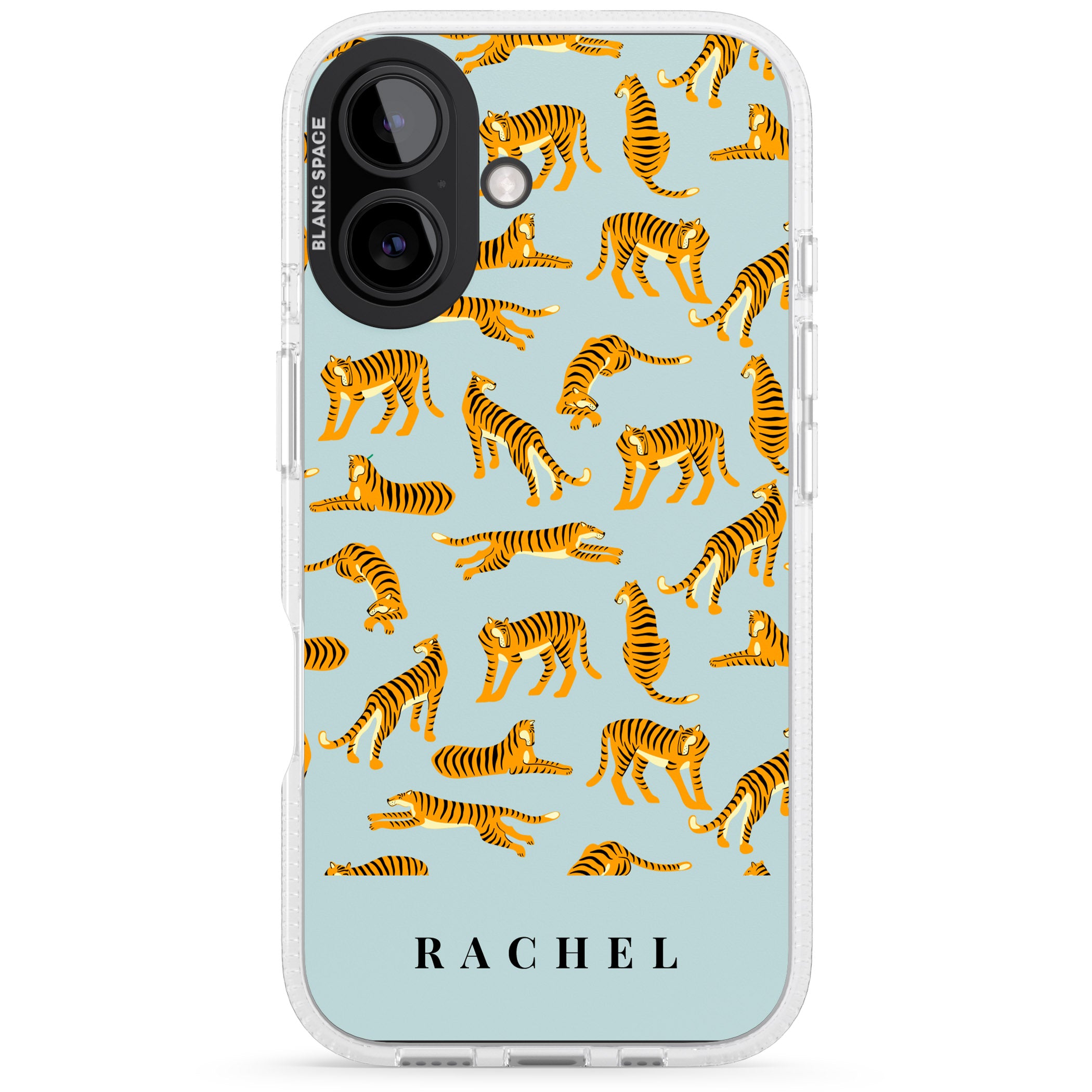 Personalised Tiger Pattern: Turquoise Blue iPhone 16 / 16 Plus Clear Case Impact Air - Blanc Space