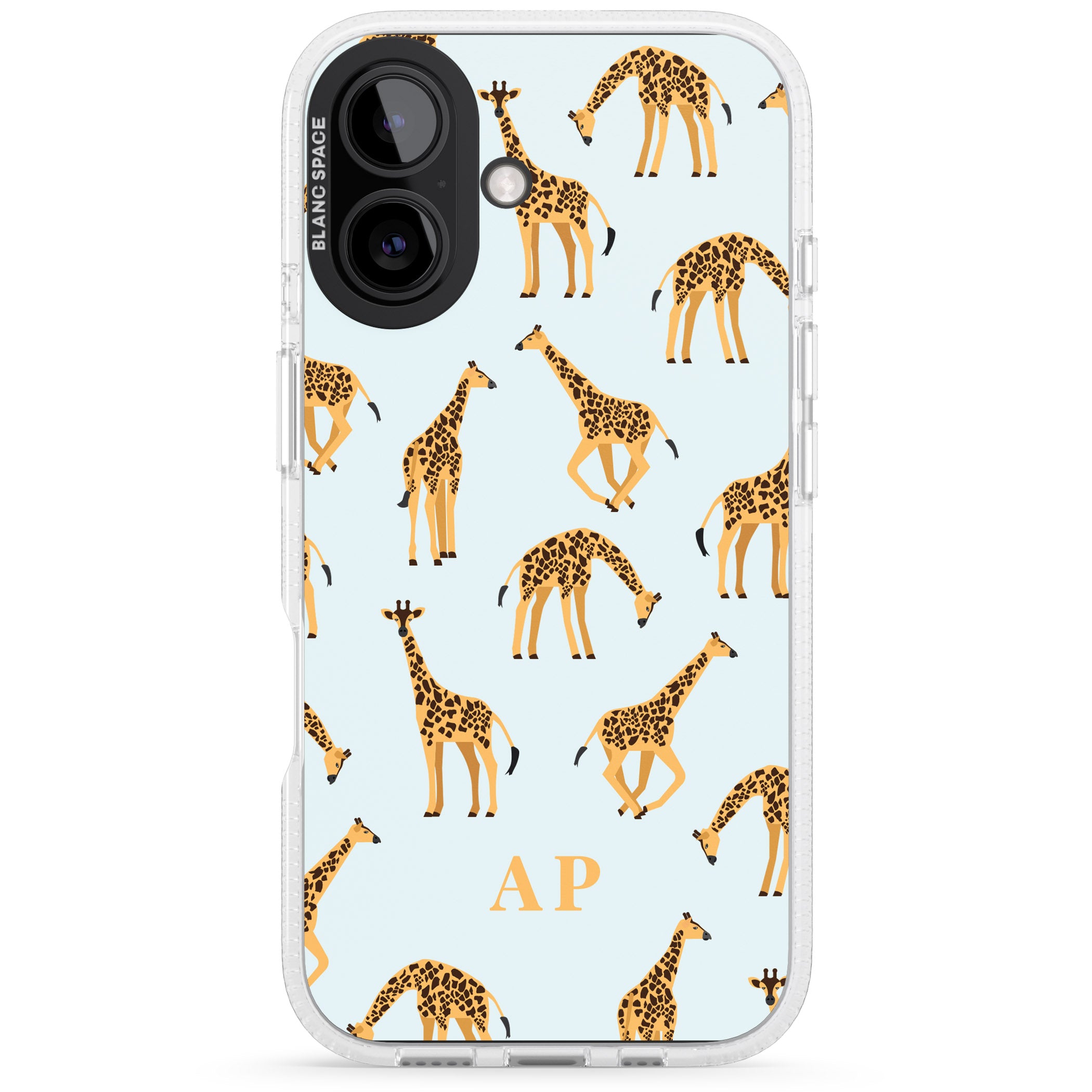 Personalised Safari Giraffe Pattern on Blue iPhone 16 / 16 Plus Clear Case Impact Air - Blanc Space