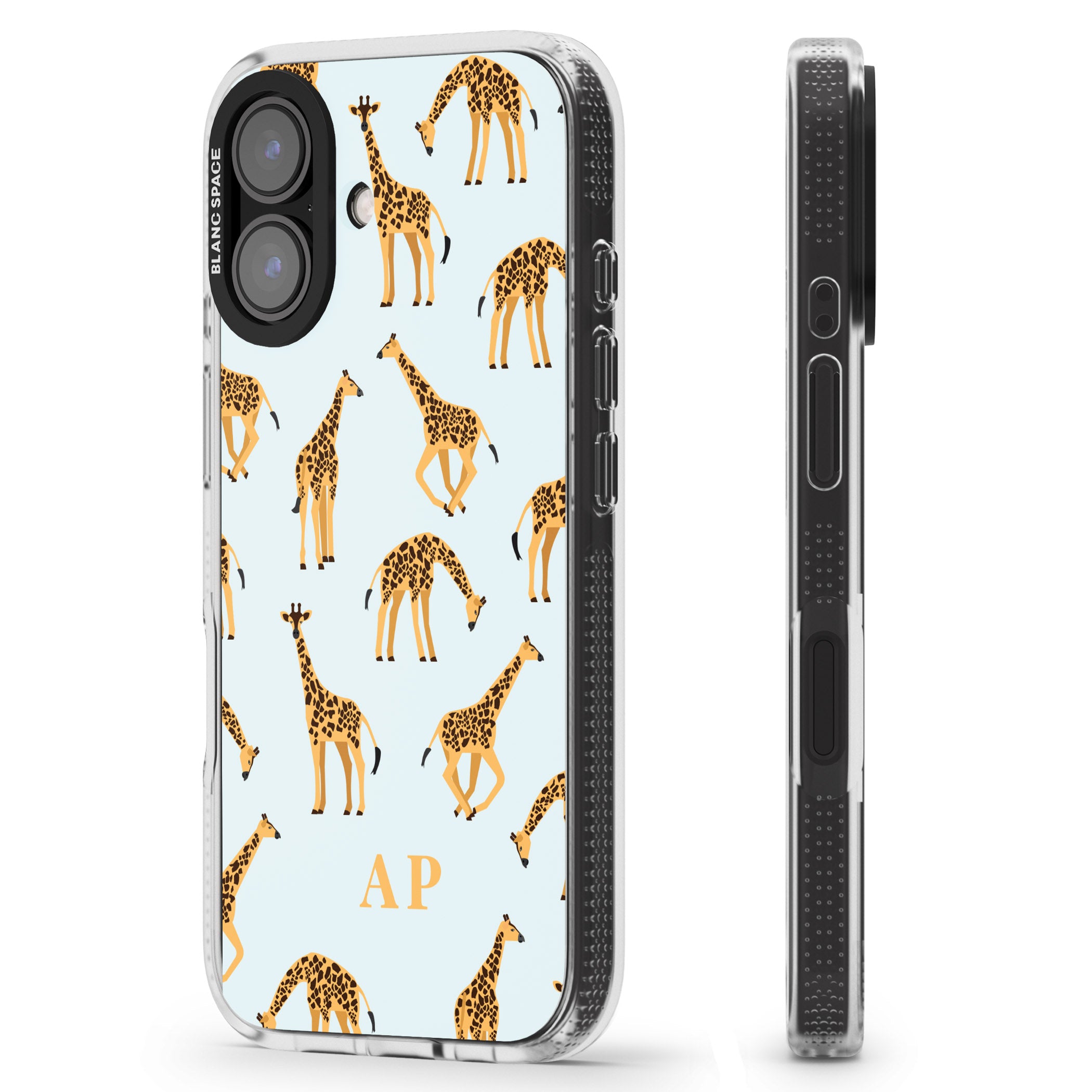 Personalised Safari Giraffe Pattern on Blue iPhone 16 / 16 Plus Clear Case Impact Air - Blanc Space