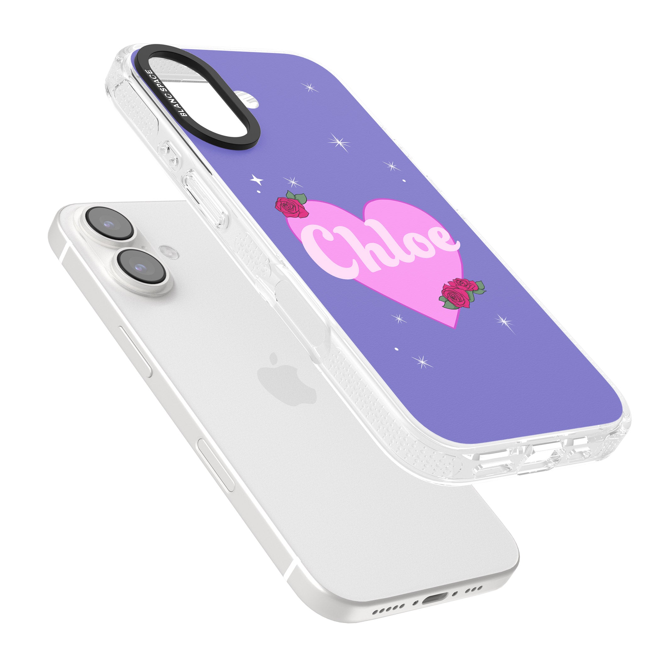 Personalised Glamorous Love Heart iPhone 16 / 16 Plus Clear Case Impact Air - Blanc Space