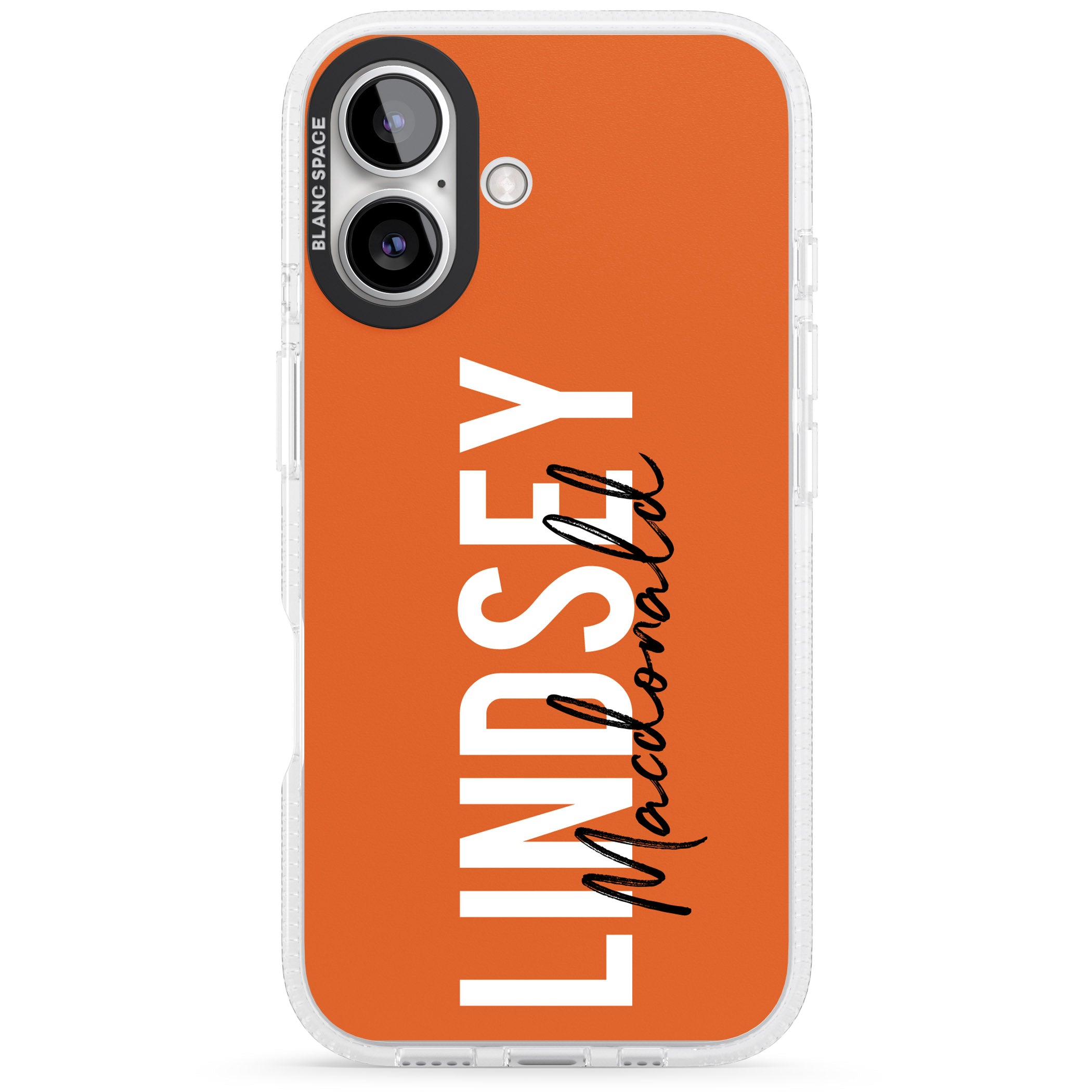 Personalised Bold Name: Orange iPhone 16 / 16 Plus Clear Case Impact Air - Blanc Space