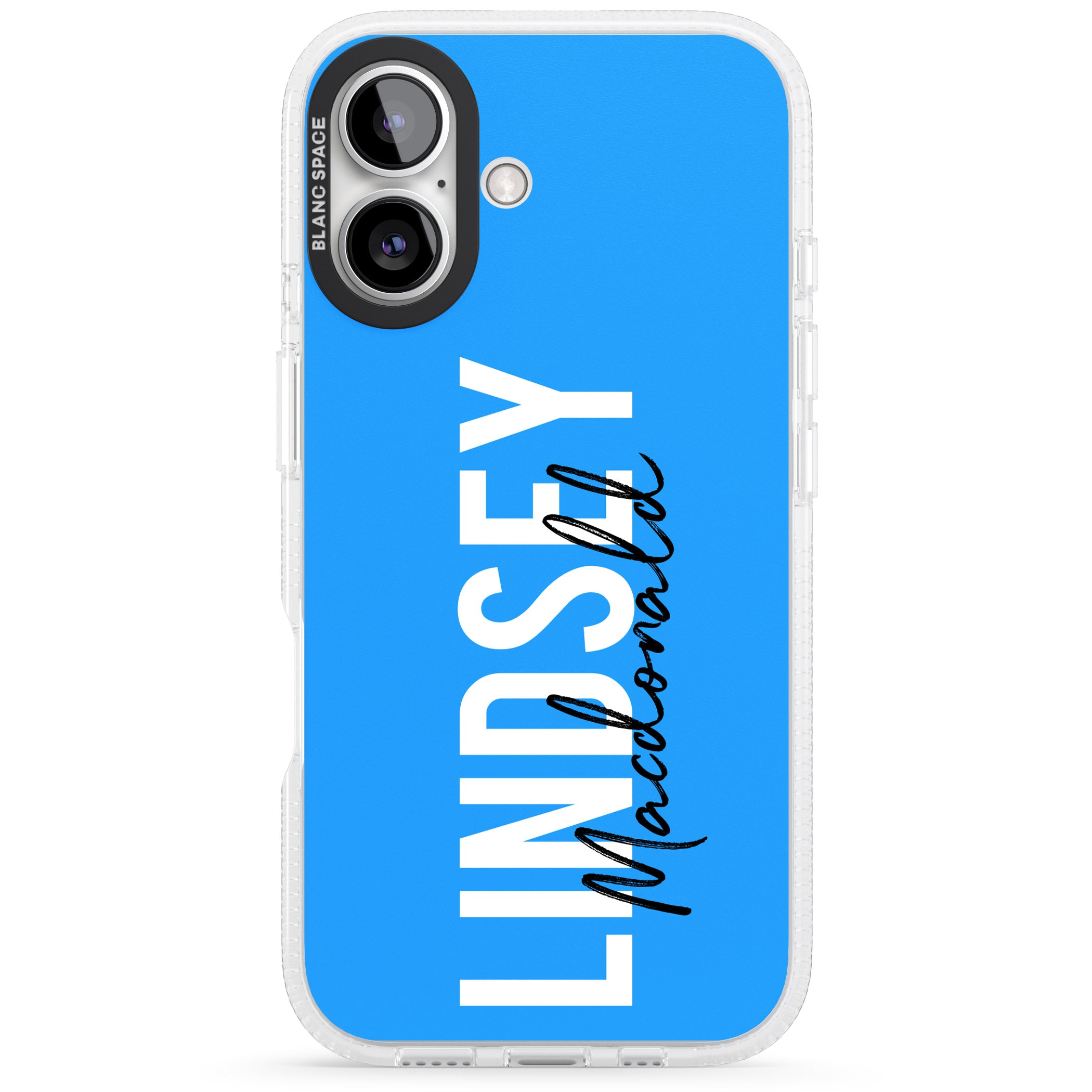 Personalised Bold Name: Blue iPhone 16 / 16 Plus Clear Case Impact Air - Blanc Space