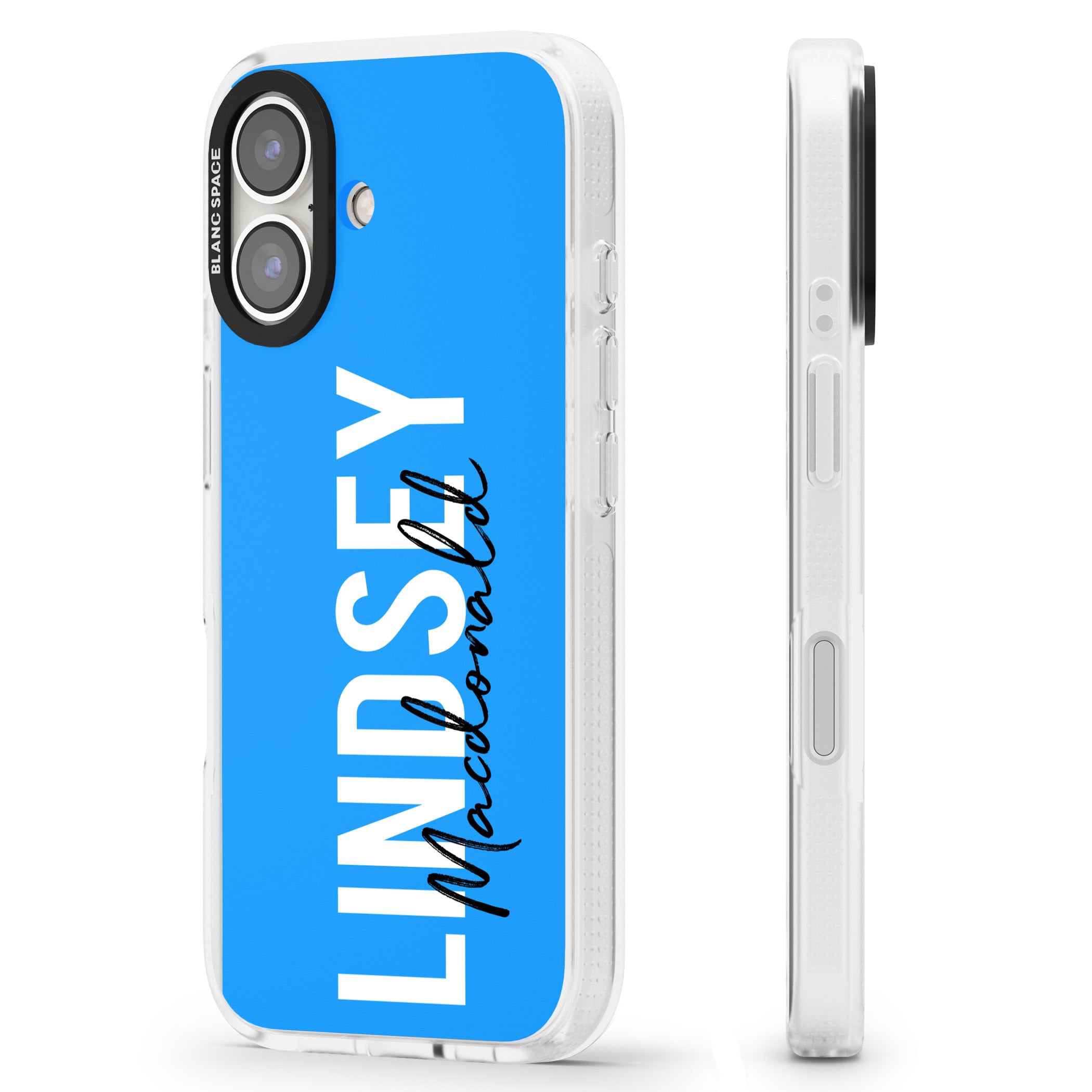 Personalised Bold Name: Blue iPhone 16 / 16 Plus Clear Case Impact Air - Blanc Space