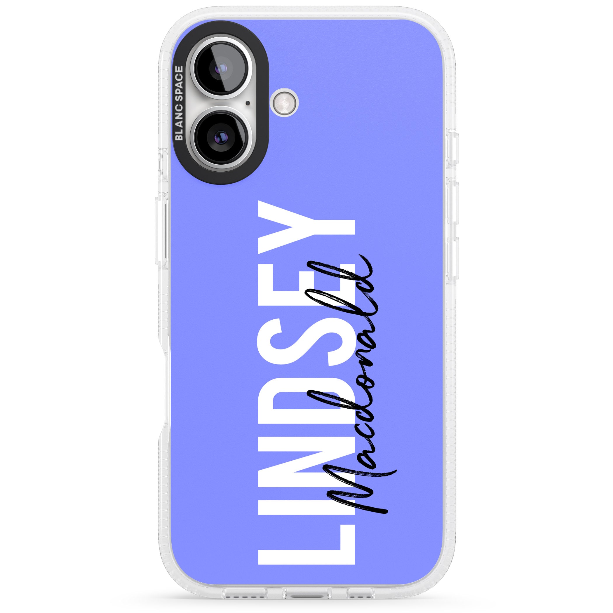 Personalised Bold Name: Purple iPhone 16 / 16 Plus Clear Case Impact Air - Blanc Space