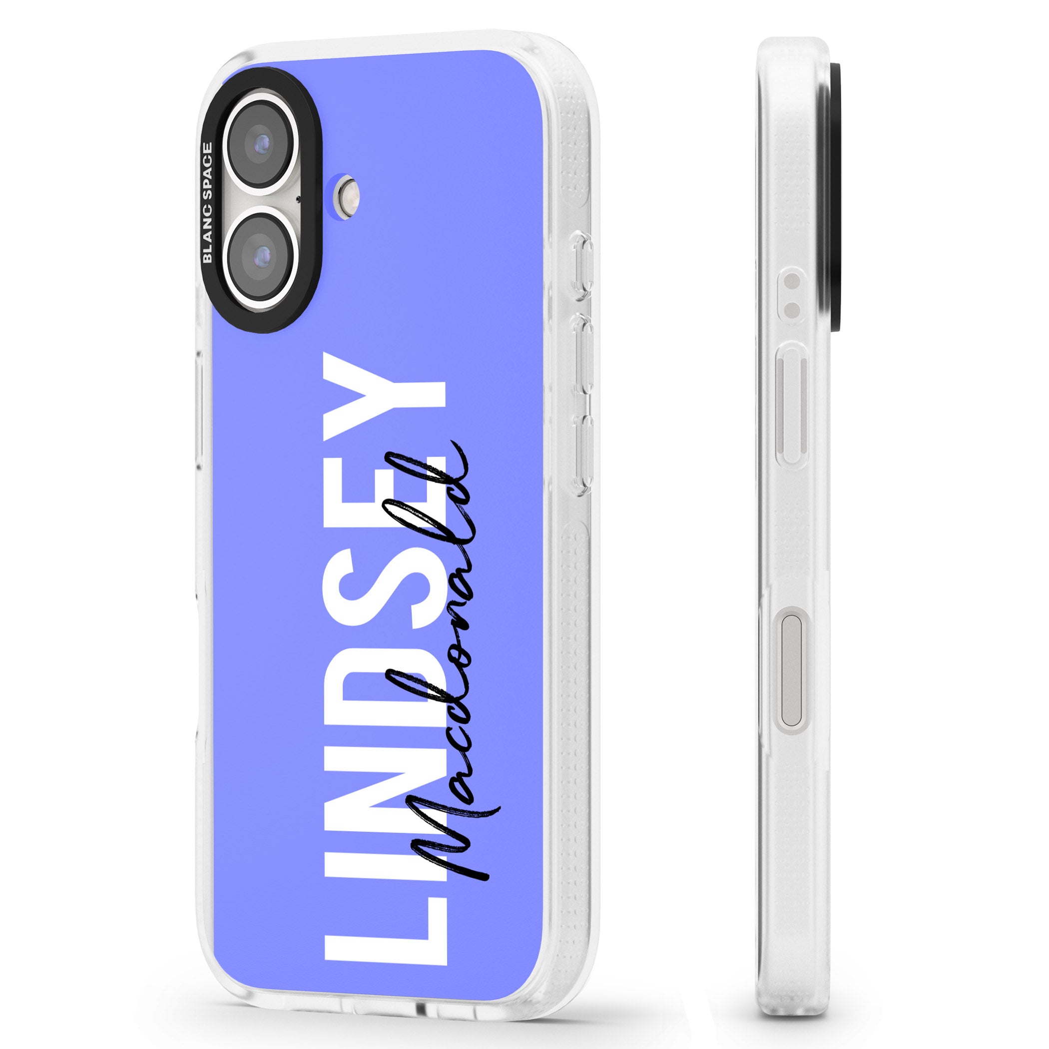 Personalised Bold Name: Purple iPhone 16 / 16 Plus Clear Case Impact Air - Blanc Space