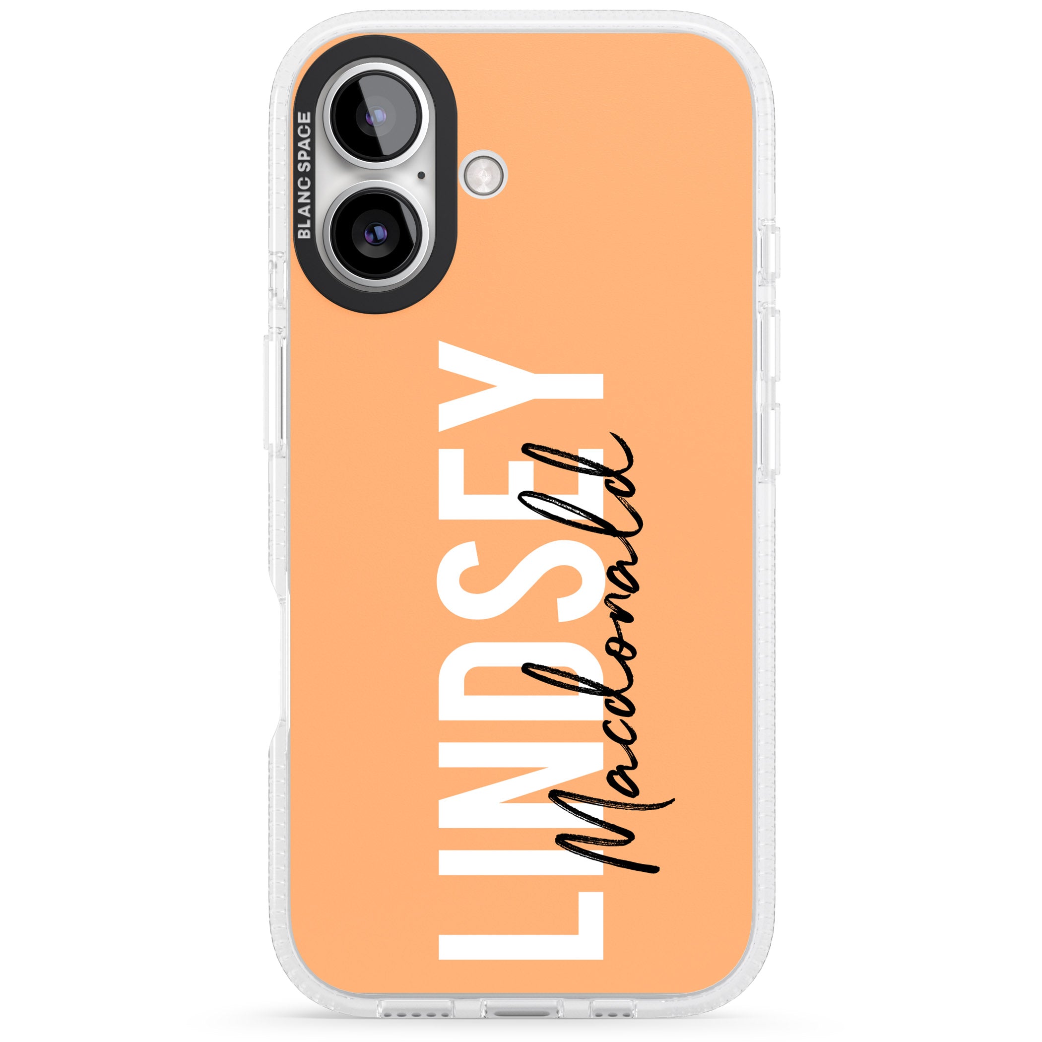 Personalised Bold Name: Peach iPhone 16 / 16 Plus Clear Case Impact Air - Blanc Space