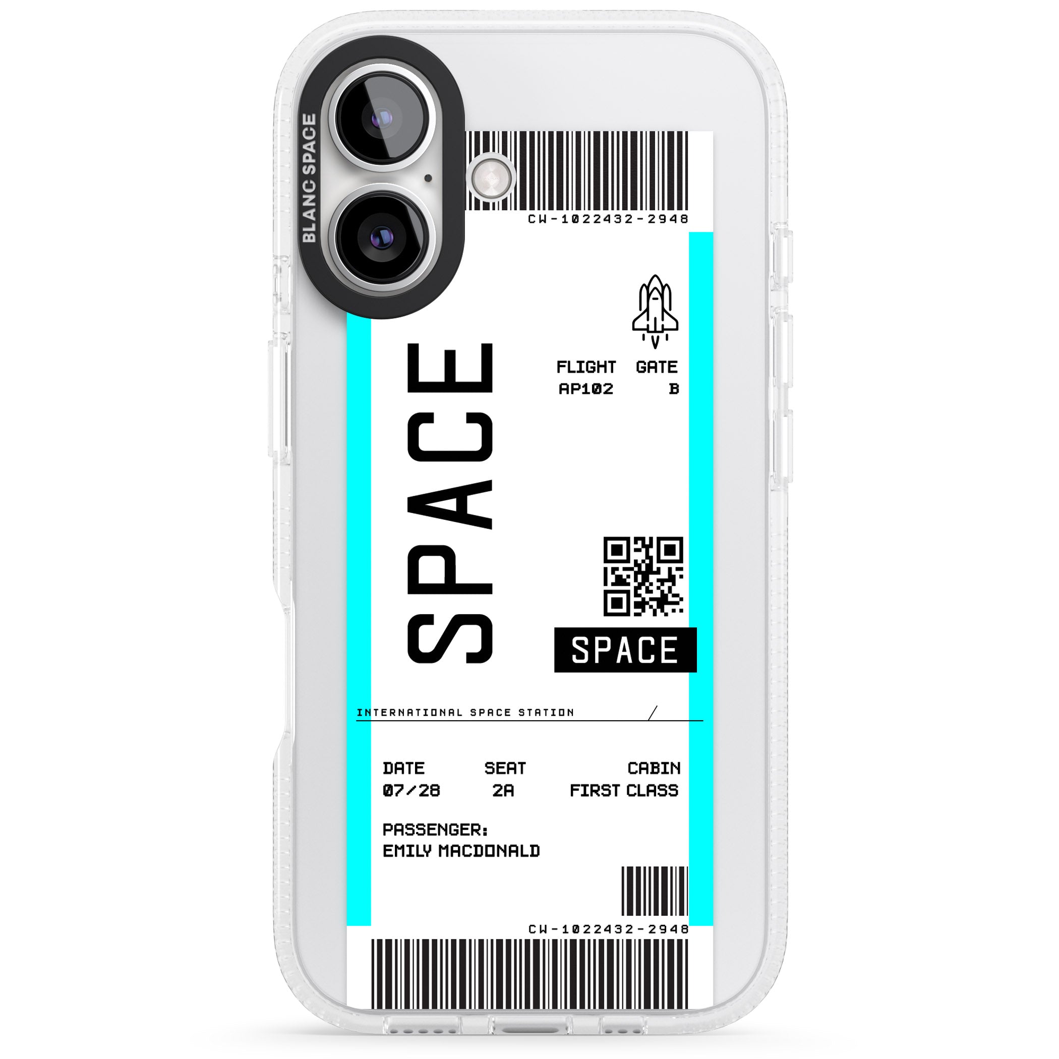 Personalised Space Space Travel Ticket iPhone 16 / 16 Plus Clear Case Impact Air - Blanc Space