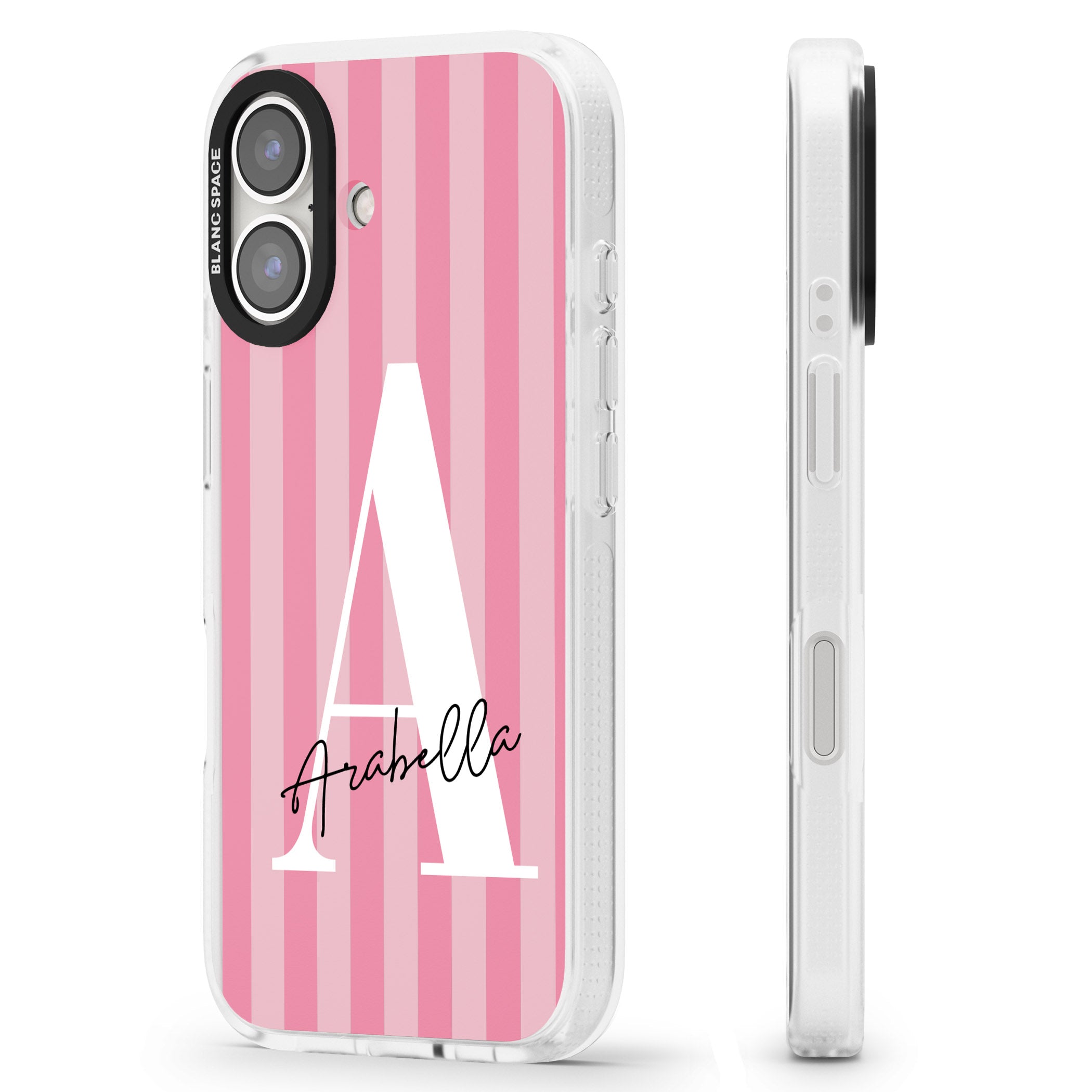 Personalised Pink on Pink Stripes iPhone 16 / 16 Plus Clear Case Impact Air - Blanc Space