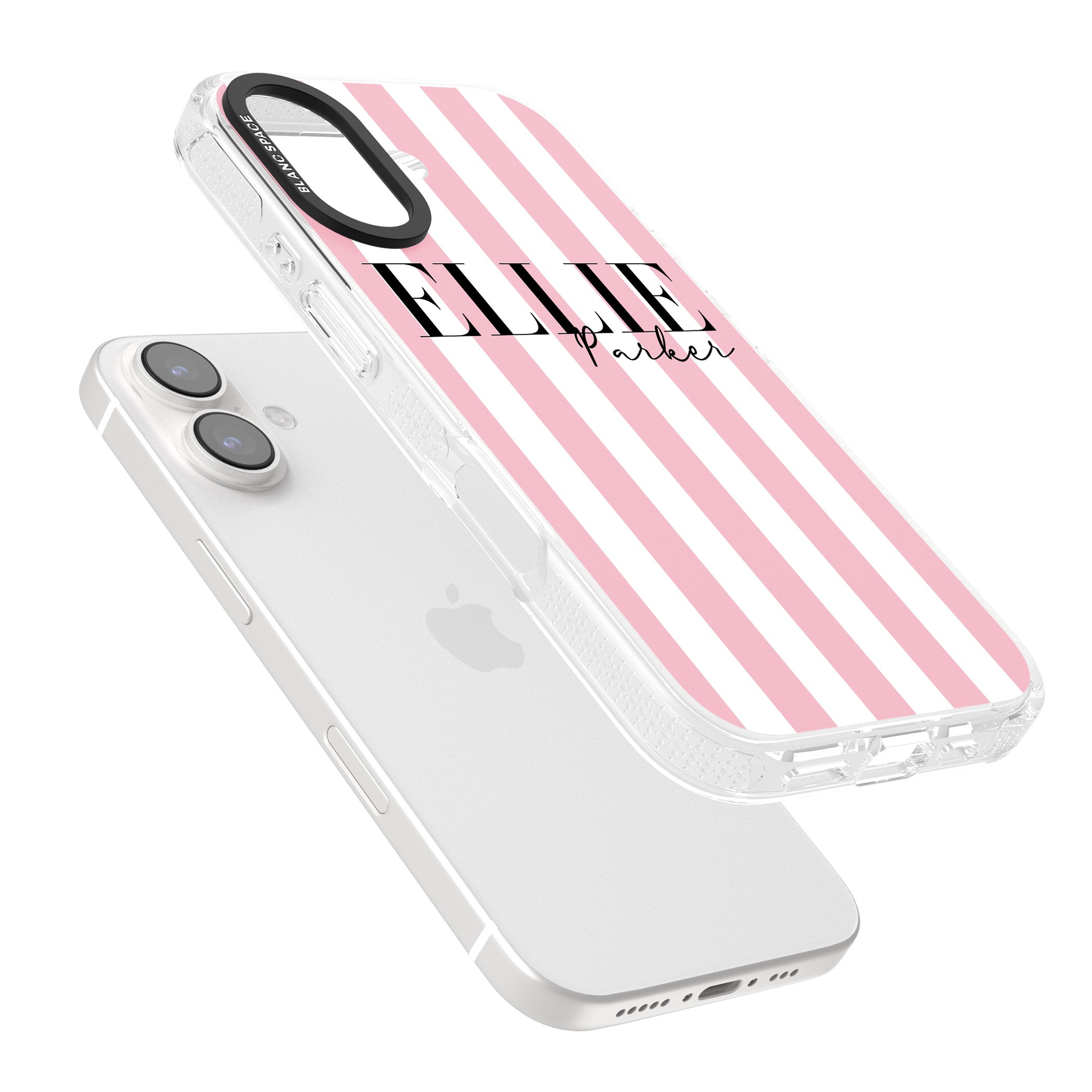 Personalised Pink Stripes iPhone 16 / 16 Plus Clear Case Impact Air - Blanc Space