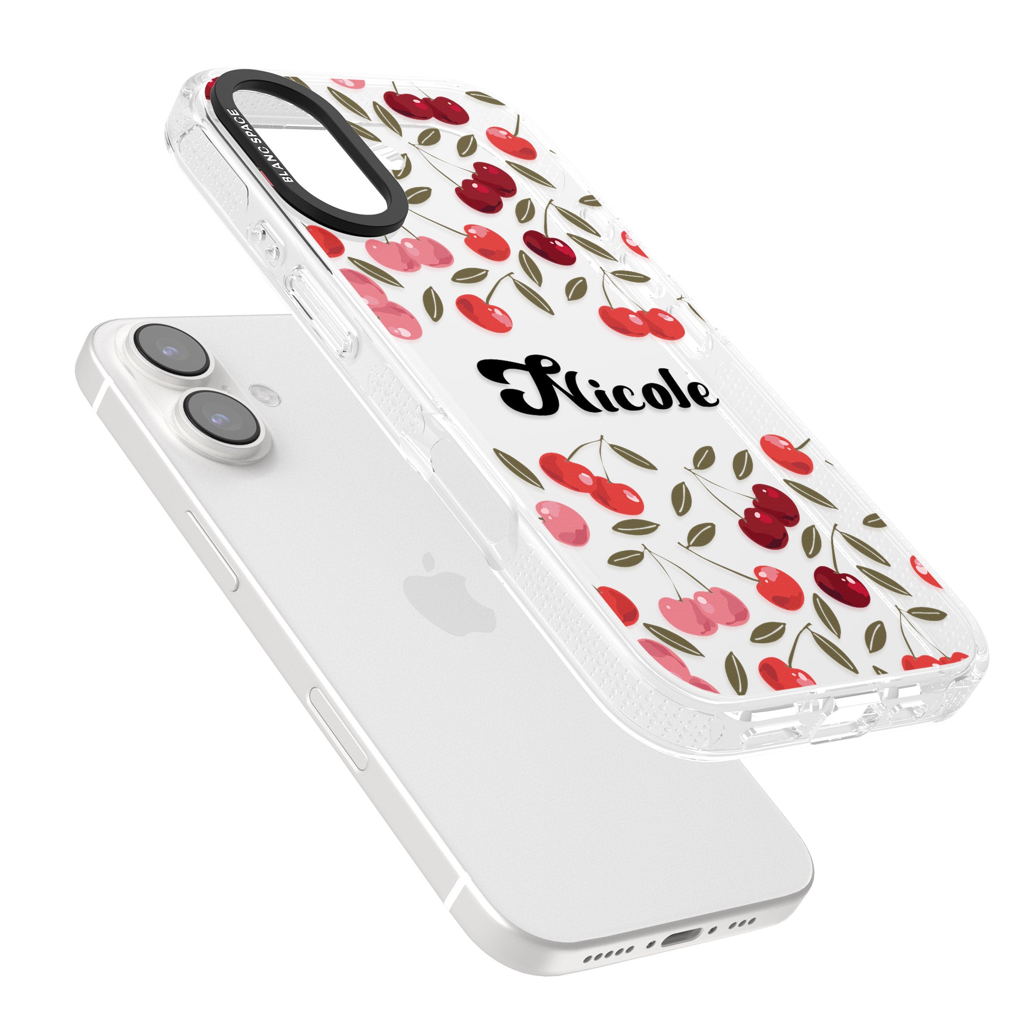 Personalised Cherry Pattern iPhone 16 / 16 Plus Clear Case Impact Air - Blanc Space