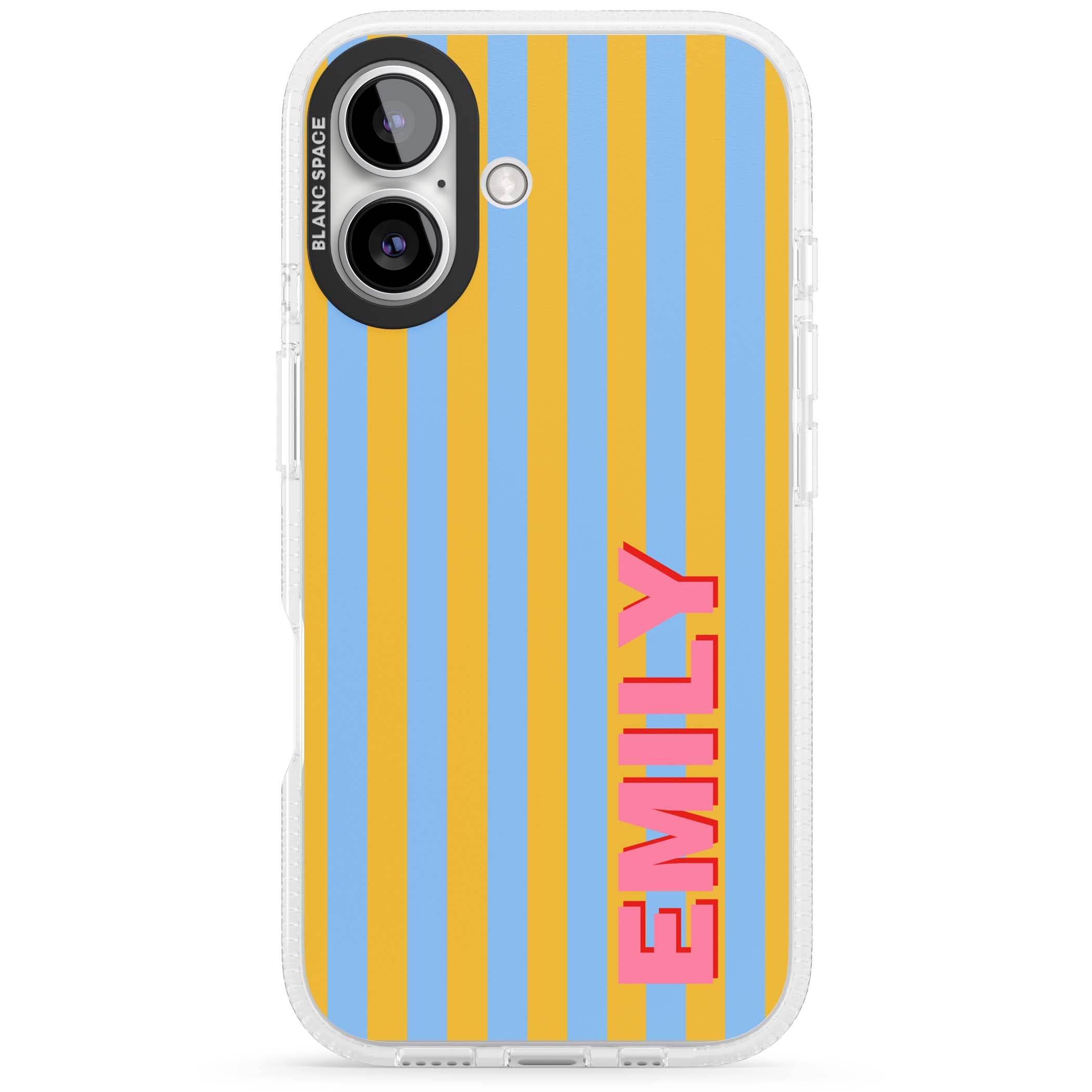 Carribean Stripe personalised coastal iPhone case with yellow and blue vertical stripes and a custom pink name | Clear Case Impact Air case for iPhone 16, iPhone 16 Plus