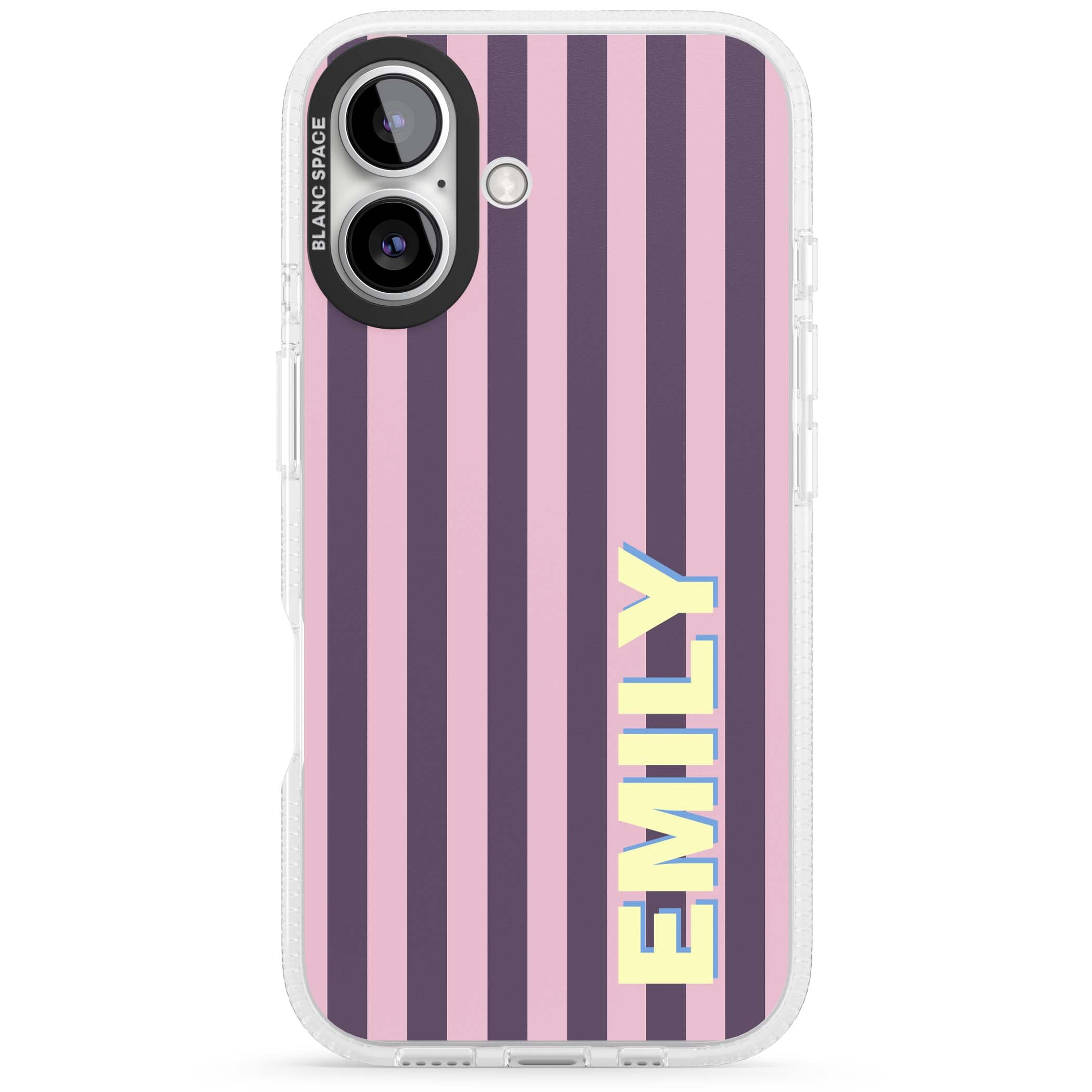 Tyre Stripe personalised stripe iPhone case with plum and pink vertical stripes and custom yellow name | Clear Case Impact Air case for iPhone 16, iPhone 16 Plus