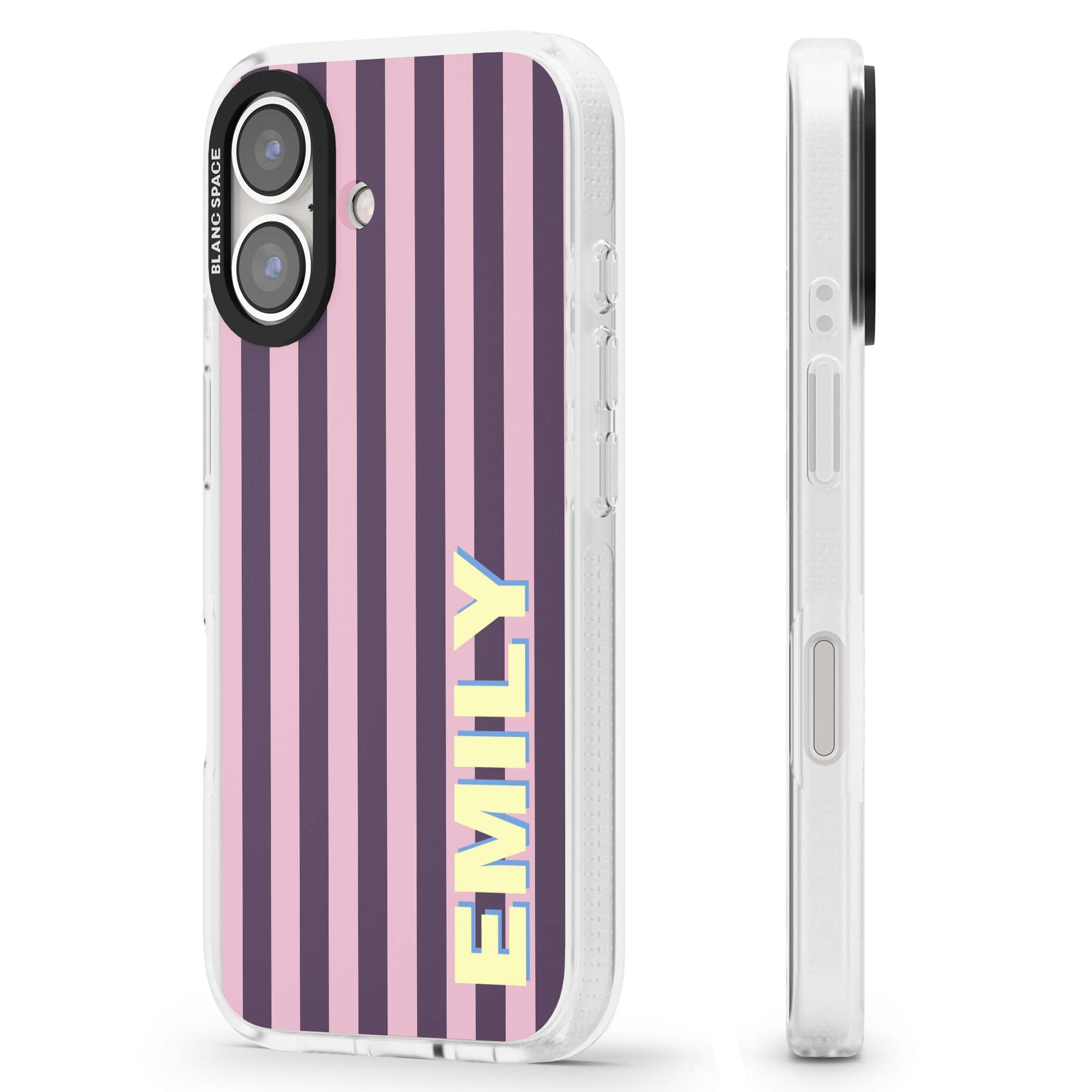Tyre Stripe personalised stripe iPhone case with plum and pink vertical stripes and custom yellow name | Clear Case Impact Air case for iPhone 16, iPhone 16 Plus