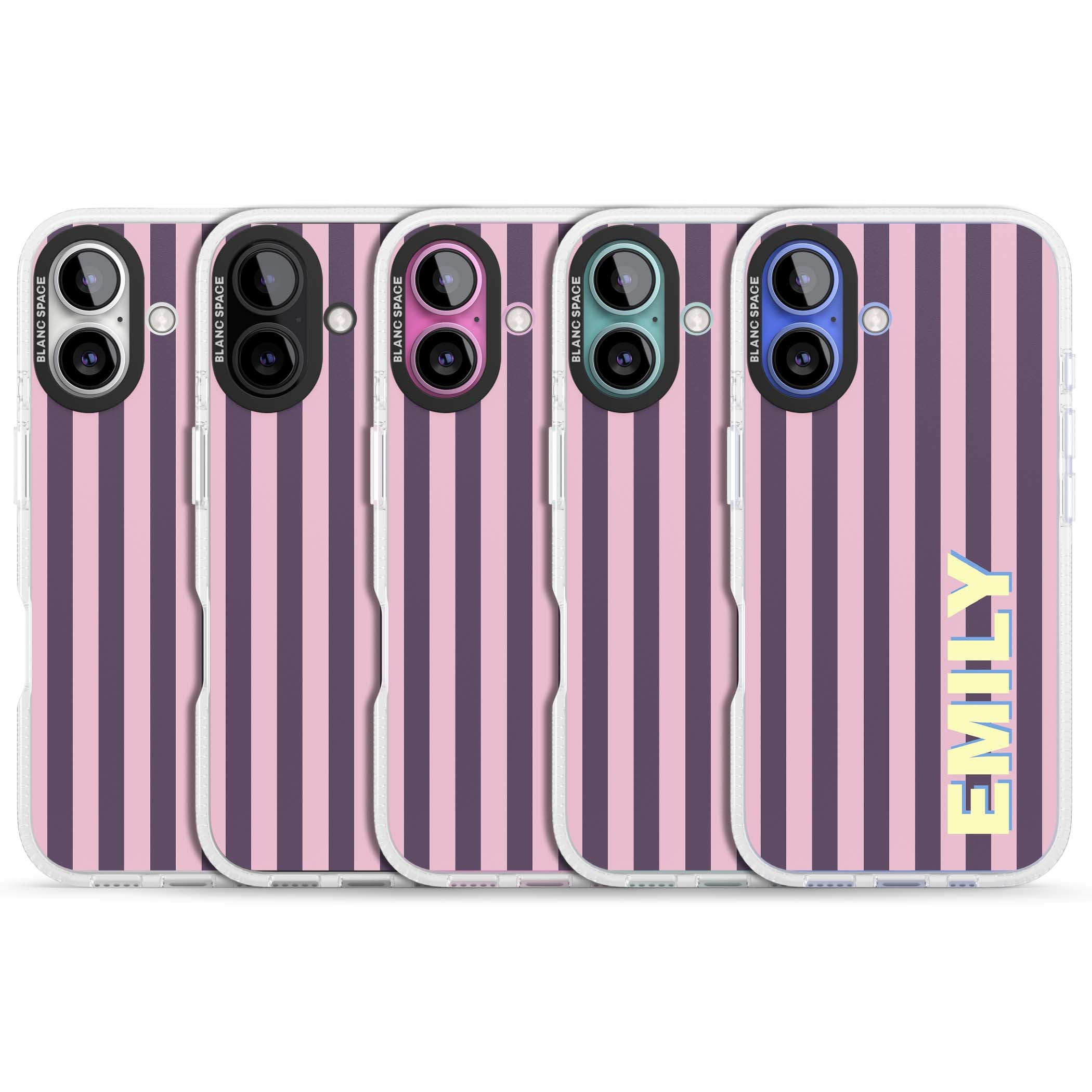 Tyre Stripe personalised stripe iPhone case with plum and pink vertical stripes and custom yellow name | Clear Case Impact Air case for iPhone 16, iPhone 16 Plus