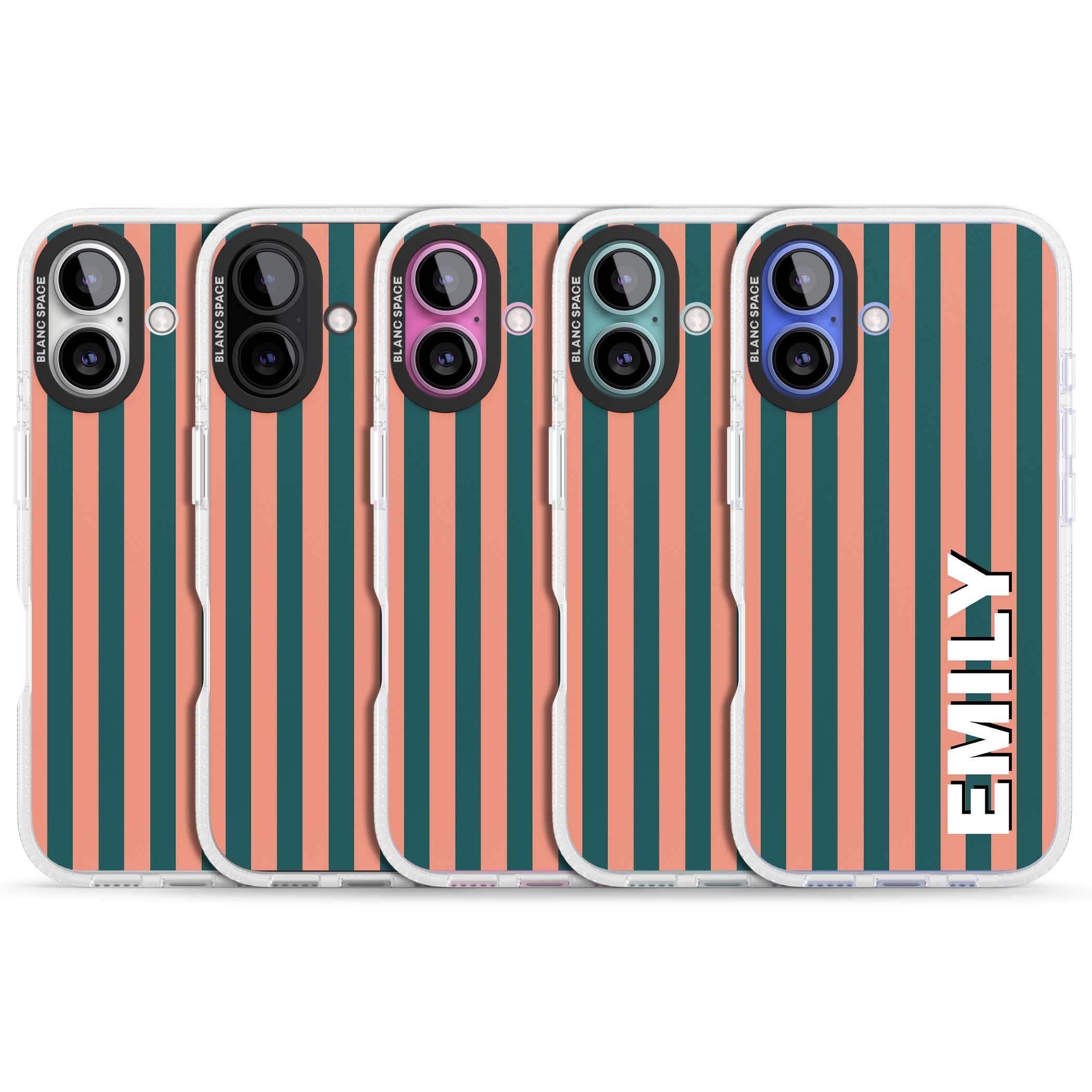 Tuscan Stripe personalised iPhone case featuring coral and green vertical stripes with bold custom name | Clear Case Impact Air case for iPhone 16, iPhone 16 Plus