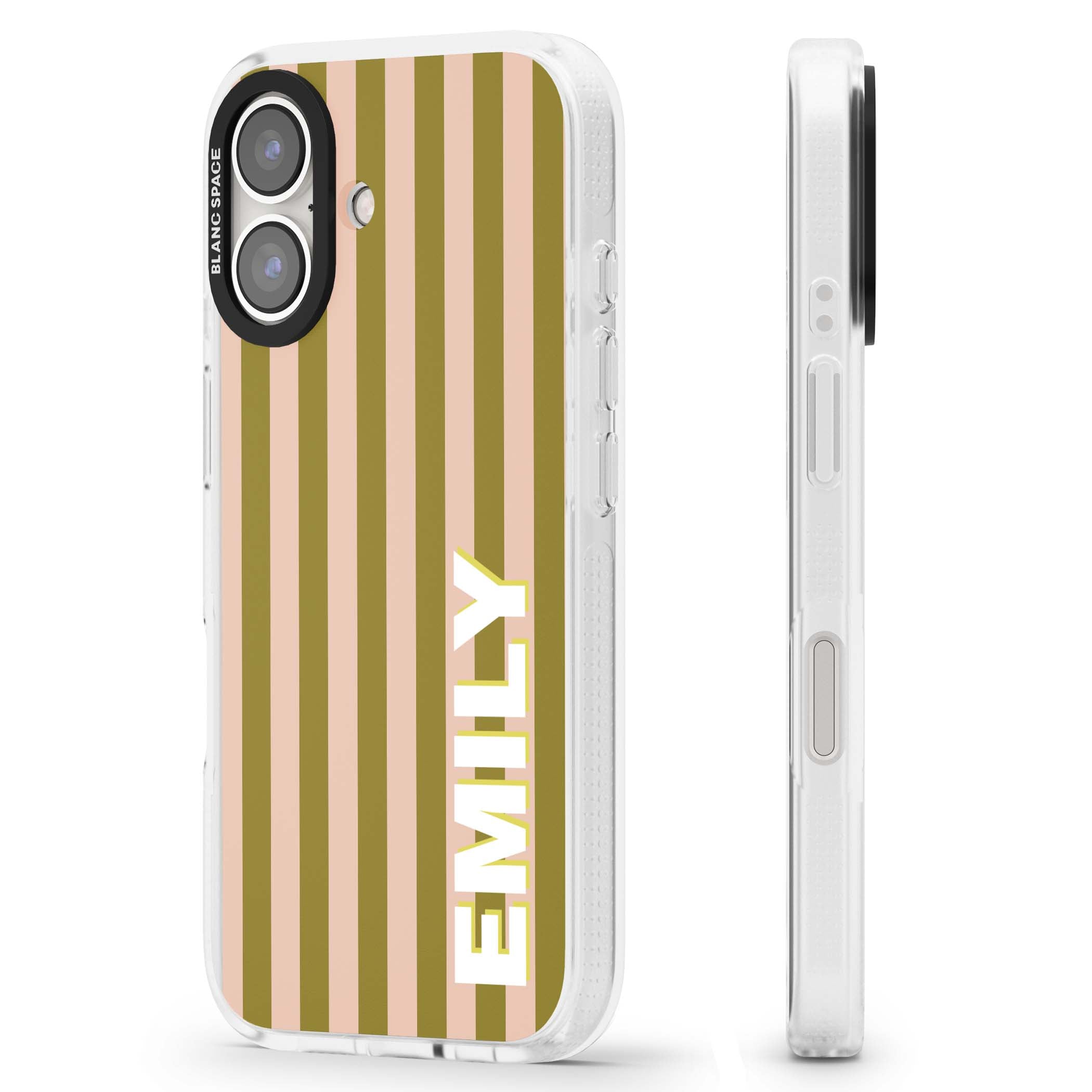 Indian Stripe personalised iPhone case featuring olive green and blush pink vertical stripes with custom name in whit | Clear Case Impact Air case for iPhone 16, iPhone 16 Plus