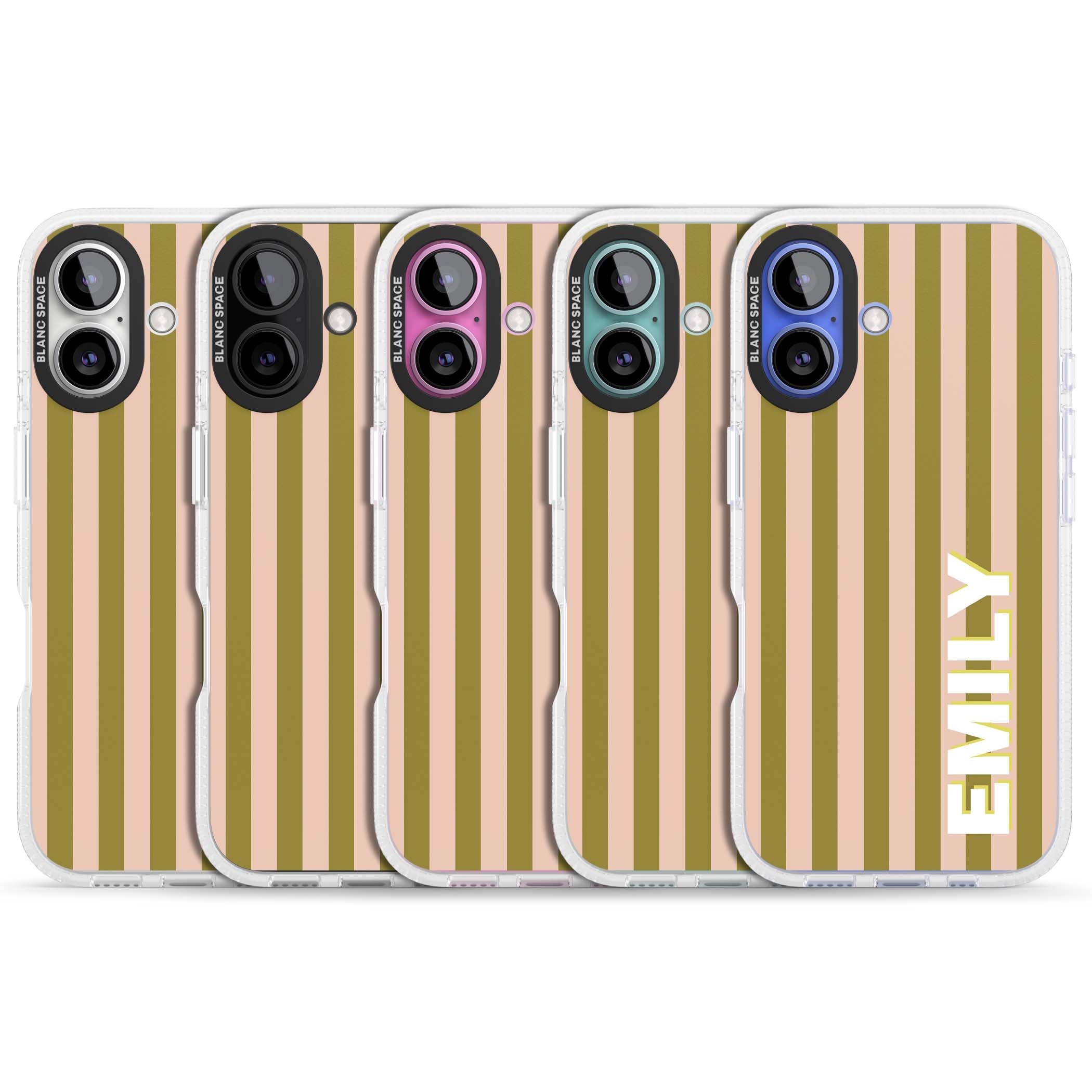 Indian Stripe personalised iPhone case featuring olive green and blush pink vertical stripes with custom name in whit | Clear Case Impact Air case for iPhone 16, iPhone 16 Plus