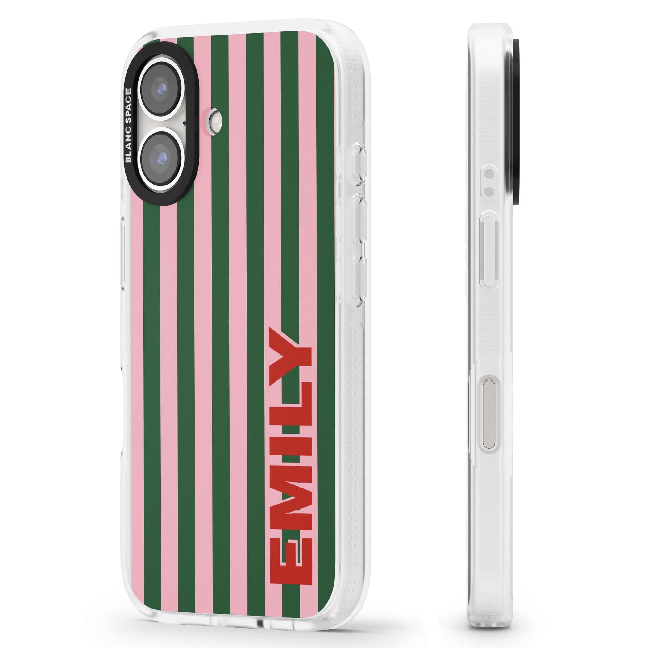 Italian Stripe preppy iPhone case featuring pink and green vertical stripes with personalised red name | Clear Case Impact Air case for iPhone 16, iPhone 16 Plus