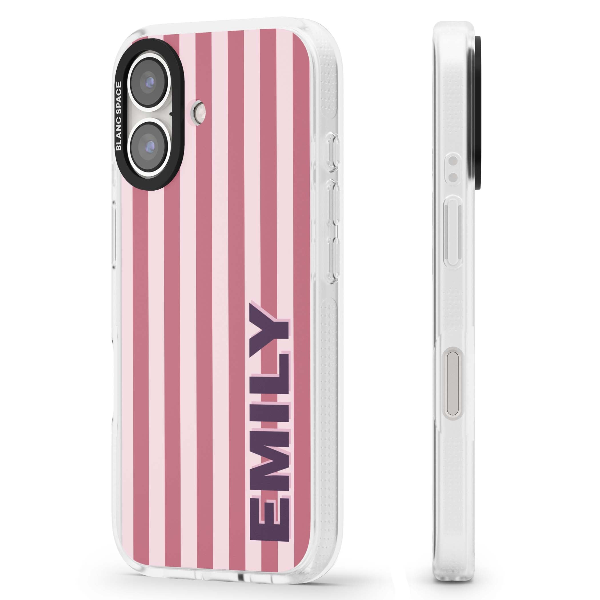 Victoria Stripe personalised iPhone case featuring pink vertical stripes and custom name in bold plum lettering | Clear Case Impact Air case for iPhone 16, iPhone 16 Plus
